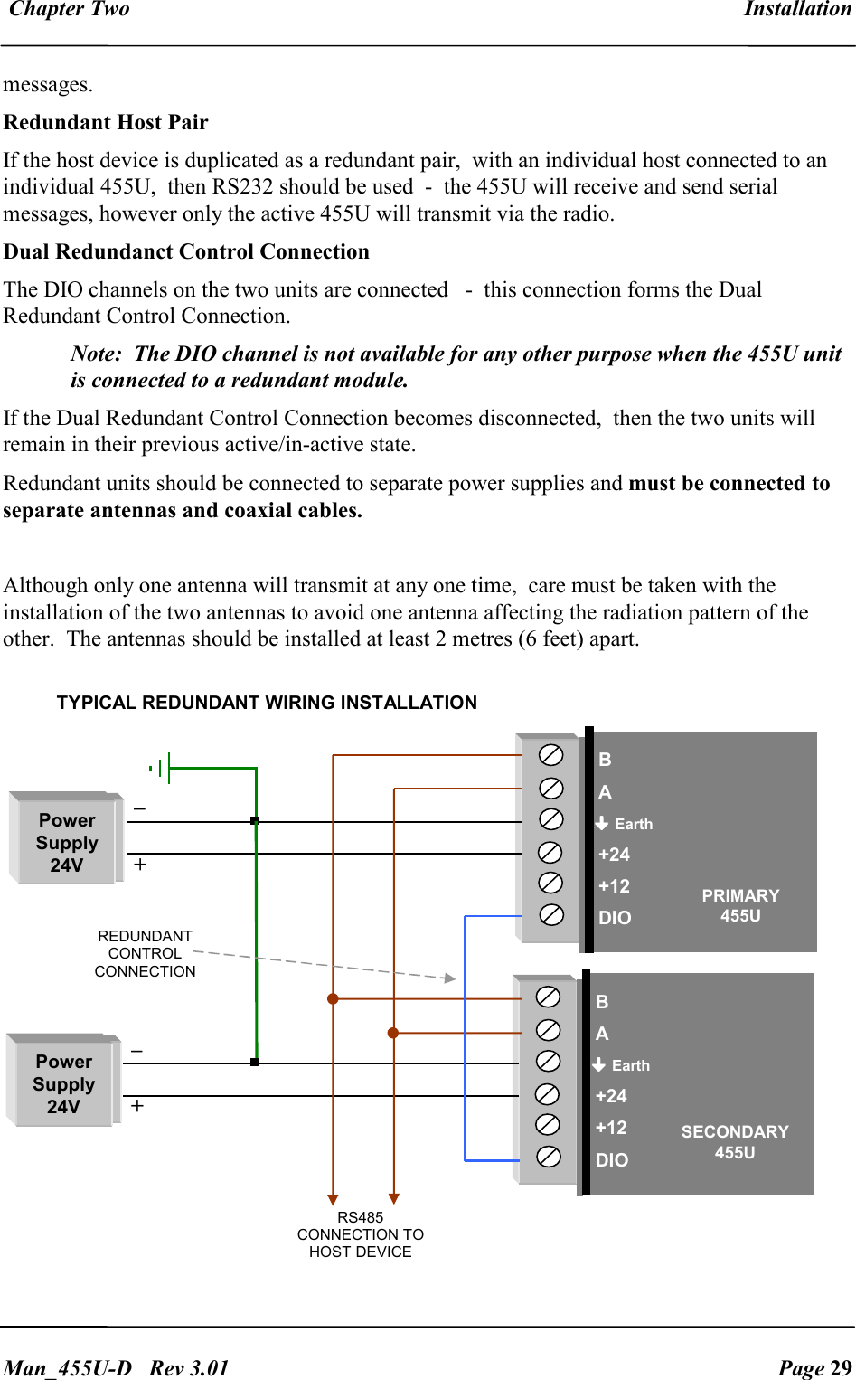  Chapter Two  Installation   Man_455U-D   Rev 3.01  Page 29     messages.   Redundant Host Pair If the host device is duplicated as a redundant pair,  with an individual host connected to an individual 455U,  then RS232 should be used  -  the 455U will receive and send serial messages, however only the active 455U will transmit via the radio. Dual Redundanct Control Connection The DIO channels on the two units are connected   -  this connection forms the Dual Redundant Control Connection.   Note:  The DIO channel is not available for any other purpose when the 455U unit is connected to a redundant module. If the Dual Redundant Control Connection becomes disconnected,  then the two units will remain in their previous active/in-active state. Redundant units should be connected to separate power supplies and must be connected to separate antennas and coaxial cables.  Although only one antenna will transmit at any one time,  care must be taken with the installation of the two antennas to avoid one antenna affecting the radiation pattern of the other.  The antennas should be installed at least 2 metres (6 feet) apart.     TYPICAL REDUNDANT WIRING INSTALLATION  B  A  Earth  +24  +12  DIO Power Supply 24V PRIMARY 455U RS485 CONNECTION TO HOST DEVICE _  +  B  A  Earth  +24  +12  DIO Power Supply 24V _  + SECONDARY 455U REDUNDANT CONTROL CONNECTION 