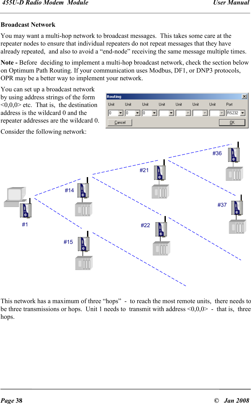  455U-D Radio Modem  Module   User Manual   Page 38  &copy;   Jan 2008 Broadcast Network You may want a multi-hop network to broadcast messages.  This takes some care at the repeater nodes to ensure that individual repeaters do not repeat messages that they have already repeated,  and also to avoid a &ldquo;end-node&rdquo; receiving the same message multiple times. Note - Before  deciding to implement a multi-hop broadcast network, check the section below on Optimum Path Routing. If your communication uses Modbus, DF1, or DNP3 protocols, OPR may be a better way to implement your network. You can set up a broadcast network by using address strings of the form <0,0,0> etc.  That is,  the destination address is the wildcard 0 and the repeater addresses are the wildcard 0. Consider the following network:  This network has a maximum of three &ldquo;hops&rdquo;  -  to reach the most remote units,  there needs to be three transmissions or hops.  Unit 1 needs to  transmit with address <0,0,0>  -  that is,  three hops. #1 #14 #15 #21 #22 #36 #37 