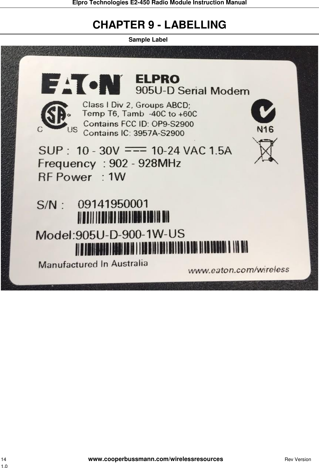 Elpro Technologies E2-450 Radio Module Instruction Manual 14        www.cooperbussmann.com/wirelessresources         Rev Version 1.0  CHAPTER 9 - LABELLING Sample Label            