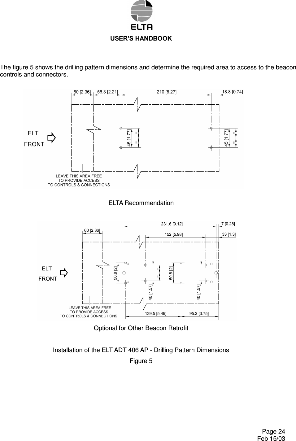 86(5¶6+$1&apos;%22.    Page 24   Feb 15/03 The figure 5 shows the drilling pattern dimensions and determine the required area to access to the beacon controls and connectors. ELTA Recommendation  Optional for Other Beacon Retrofit  Installation of the ELT ADT 406 AP - Drilling Pattern Dimensions Figure 5  