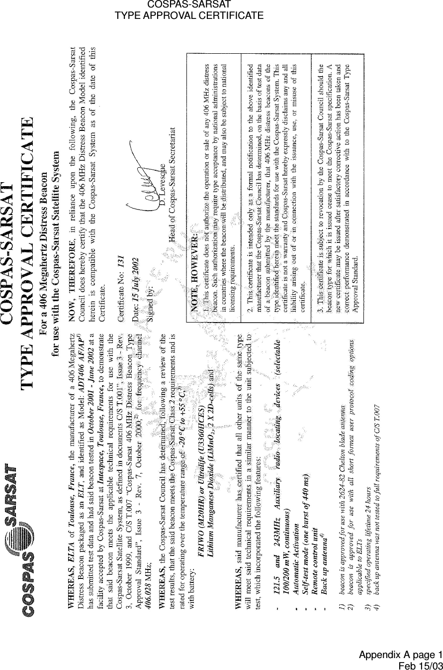 Appendix A page 1 Feb 15/03 COSPAS-SARSAT TYPE APPROVAL CERTIFICATE   