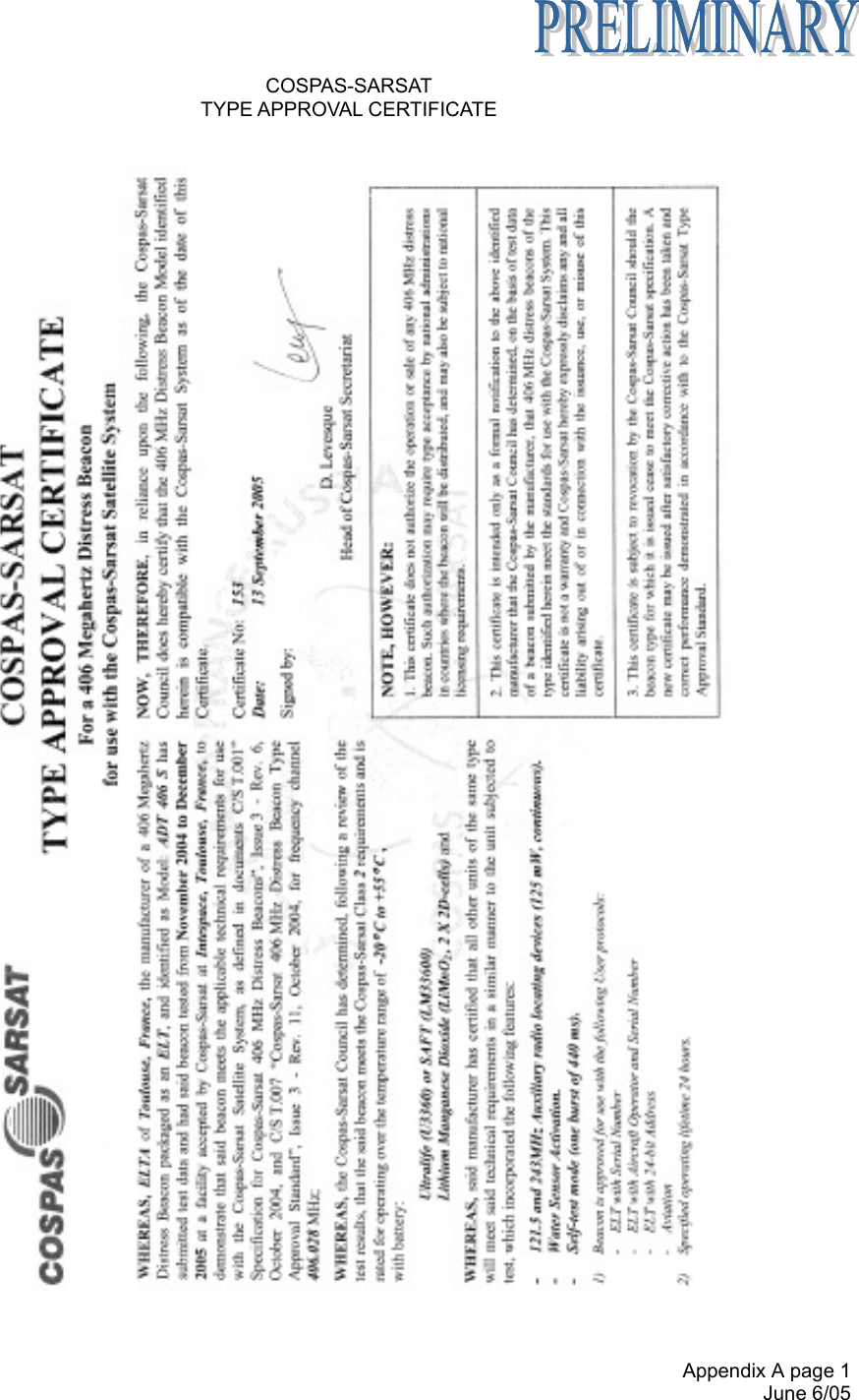  Appendix A page 1 June 6/05 COSPAS-SARSAT TYPE APPROVAL CERTIFICATE     
