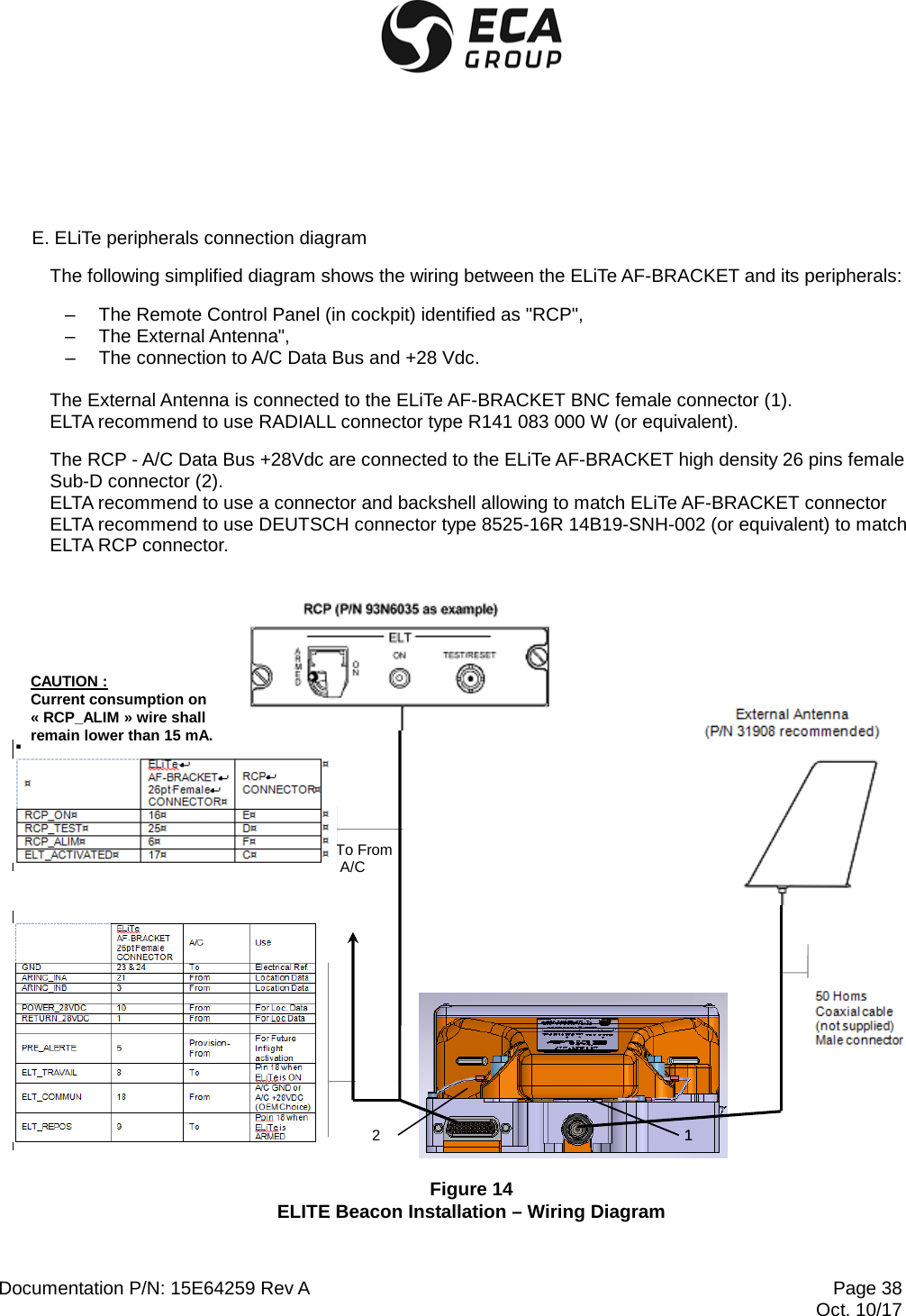  Documentation P/N: 15E64259 Rev A Page 38  Oct. 10/17  E. ELiTe peripherals connection diagram The following simplified diagram shows the wiring between the ELiTe AF-BRACKET and its peripherals: –  The Remote Control Panel (in cockpit) identified as &quot;RCP&quot;, –  The External Antenna&quot;, –  The connection to A/C Data Bus and +28 Vdc.  The External Antenna is connected to the ELiTe AF-BRACKET BNC female connector (1).  ELTA recommend to use RADIALL connector type R141 083 000 W (or equivalent). The RCP - A/C Data Bus +28Vdc are connected to the ELiTe AF-BRACKET high density 26 pins female Sub-D connector (2). ELTA recommend to use a connector and backshell allowing to match ELiTe AF-BRACKET connector  ELTA recommend to use DEUTSCH connector type 8525-16R 14B19-SNH-002 (or equivalent) to match ELTA RCP connector.         To From  A/C        Figure 14 ELITE Beacon Installation – Wiring Diagram  1 1 2 CAUTION : Current consumption on « RCP_ALIM » wire shall remain lower than 15 mA. 