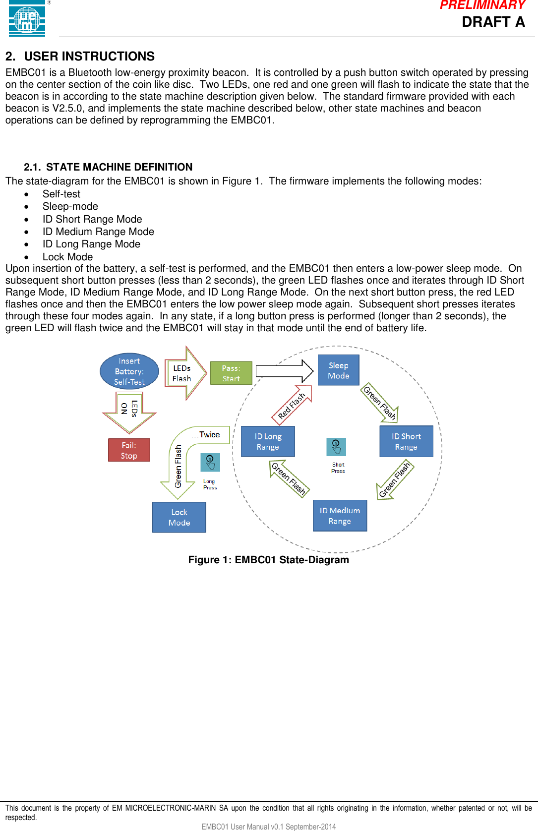            This  document  is  the  property  of  EM  MICROELECTRONIC-MARIN  SA  upon  the  condition  that  all  rights  originating  in  the  information,  whether  patented  or  not,  will  be respected. EMBC01 User Manual v0.1 September-2014 DRAFT A PRELIMINARY 2.  USER INSTRUCTIONS EMBC01 is a Bluetooth low-energy proximity beacon.  It is controlled by a push button switch operated by pressing on the center section of the coin like disc.  Two LEDs, one red and one green will flash to indicate the state that the beacon is in according to the state machine description given below.  The standard firmware provided with each beacon is V2.5.0, and implements the state machine described below, other state machines and beacon operations can be defined by reprogramming the EMBC01.    2.1.  STATE MACHINE DEFINITION The state-diagram for the EMBC01 is shown in Figure 1.  The firmware implements the following modes:   Self-test   Sleep-mode   ID Short Range Mode   ID Medium Range Mode   ID Long Range Mode    Lock Mode Upon insertion of the battery, a self-test is performed, and the EMBC01 then enters a low-power sleep mode.  On subsequent short button presses (less than 2 seconds), the green LED flashes once and iterates through ID Short Range Mode, ID Medium Range Mode, and ID Long Range Mode.  On the next short button press, the red LED flashes once and then the EMBC01 enters the low power sleep mode again.  Subsequent short presses iterates through these four modes again.  In any state, if a long button press is performed (longer than 2 seconds), the green LED will flash twice and the EMBC01 will stay in that mode until the end of battery life.       Figure 1: EMBC01 State-Diagram     