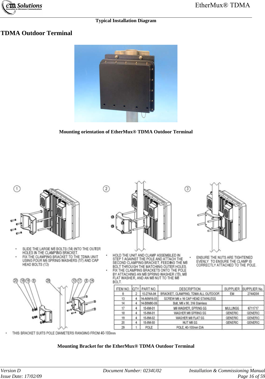     EtherMux® TDMA   Version D  Document Number: 0234U02   Installation &amp; Commissioning Manual Issue Date: 17/02/09     Page 16 of 59 Typical Installation Diagram TDMA Outdoor Terminal    Mounting orientation of EtherMux® TDMA Outdoor Terminal         Mounting Bracket for the EtherMux® TDMA Outdoor Terminal   