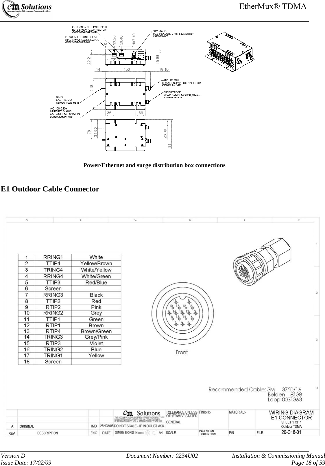    EtherMux® TDMA   Version D  Document Number: 0234U02   Installation &amp; Commissioning Manual Issue Date: 17/02/09     Page 18 of 59   Power/Ethernet and surge distribution box connections  E1 Outdoor Cable Connector    