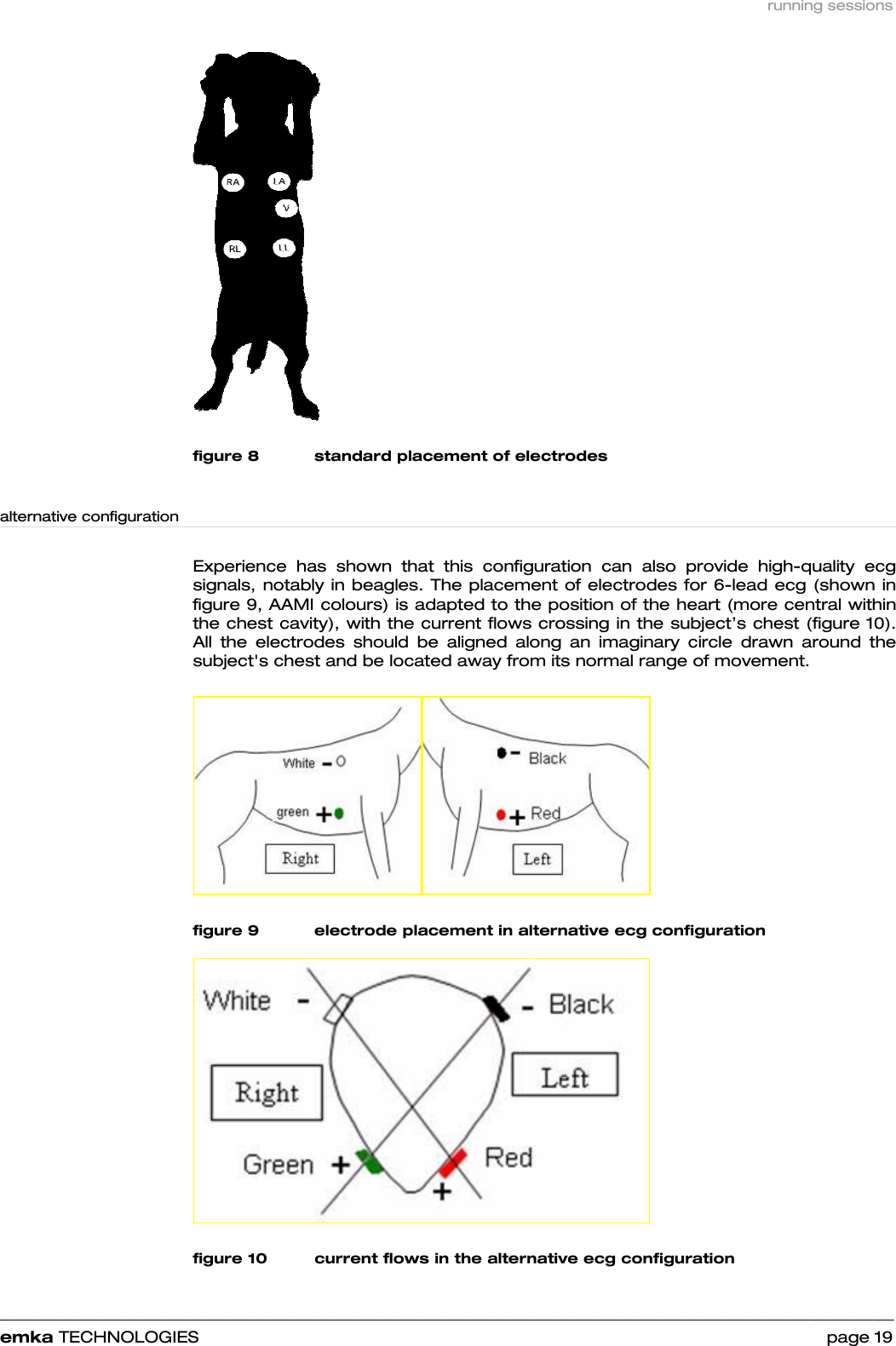 running sessions    ______________________________________________________________________________________________________________________________            emka TECHNOLOGIES                                                                 page 19  figure 8 standard placement of electrodes   alternative configuration  Experience has shown that this configuration can also provide high-quality ecg signals, notably in beagles. The placement of electrodes for 6-lead ecg (shown in figure 9, AAMI colours) is adapted to the position of the heart (more central within the chest cavity), with the current flows crossing in the subject’s chest (figure 10).  All the electrodes should be aligned along an imaginary circle drawn around the subject&apos;s chest and be located away from its normal range of movement.   figure 9 electrode placement in alternative ecg configuration  figure 10 current flows in the alternative ecg configuration 