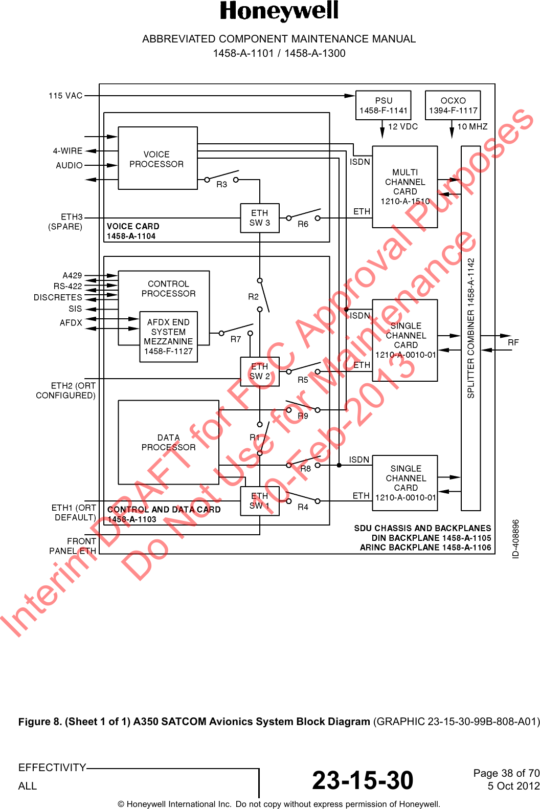 ABBREVIATED COMPONENT MAINTENANCE MANUAL1458-A-1101 / 1458-A-1300Figure 8. (Sheet 1 of 1) A350 SATCOM Avionics System Block Diagram (GRAPHIC 23-15-30-99B-808-A01)EFFECTIVITYALL 23-15-30 Page 38 of 705 Oct 2012© Honeywell International Inc. Do not copy without express permission of Honeywell.Interim DRAFT for FCC Approval Purposes Do Not Use for Maintenance 10-Feb-2013