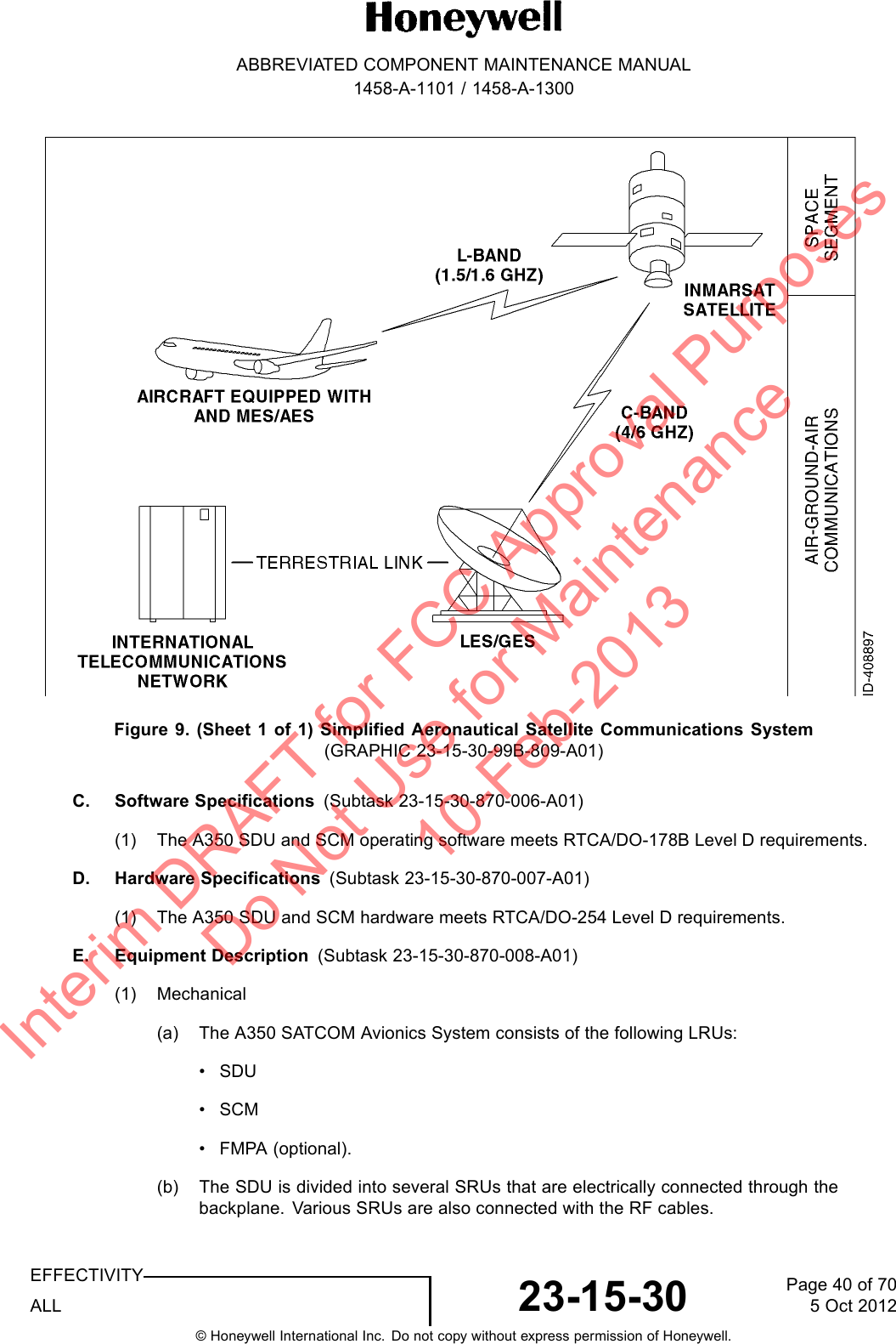 ABBREVIATED COMPONENT MAINTENANCE MANUAL1458-A-1101 / 1458-A-1300Figure 9. (Sheet 1 of 1) Simplified Aeronautical Satellite Communications System(GRAPHIC 23-15-30-99B-809-A01)C. Software Specifications (Subtask 23-15-30-870-006-A01)(1) The A350 SDU and SCM operating software meets RTCA/DO-178B Level D requirements.D. Hardware Specifications (Subtask 23-15-30-870-007-A01)(1) The A350 SDU and SCM hardware meets RTCA/DO-254 Level D requirements.E. Equipment Description (Subtask 23-15-30-870-008-A01)(1) Mechanical(a) The A350 SATCOM Avionics System consists of the following LRUs:•SDU•SCM• FMPA (optional).(b) The SDU is divided into several SRUs that are electrically connected through thebackplane. Various SRUs are also connected with the RF cables.EFFECTIVITYALL 23-15-30 Page 40 of 705 Oct 2012© Honeywell International Inc. Do not copy without express permission of Honeywell.Interim DRAFT for FCC Approval Purposes Do Not Use for Maintenance 10-Feb-2013