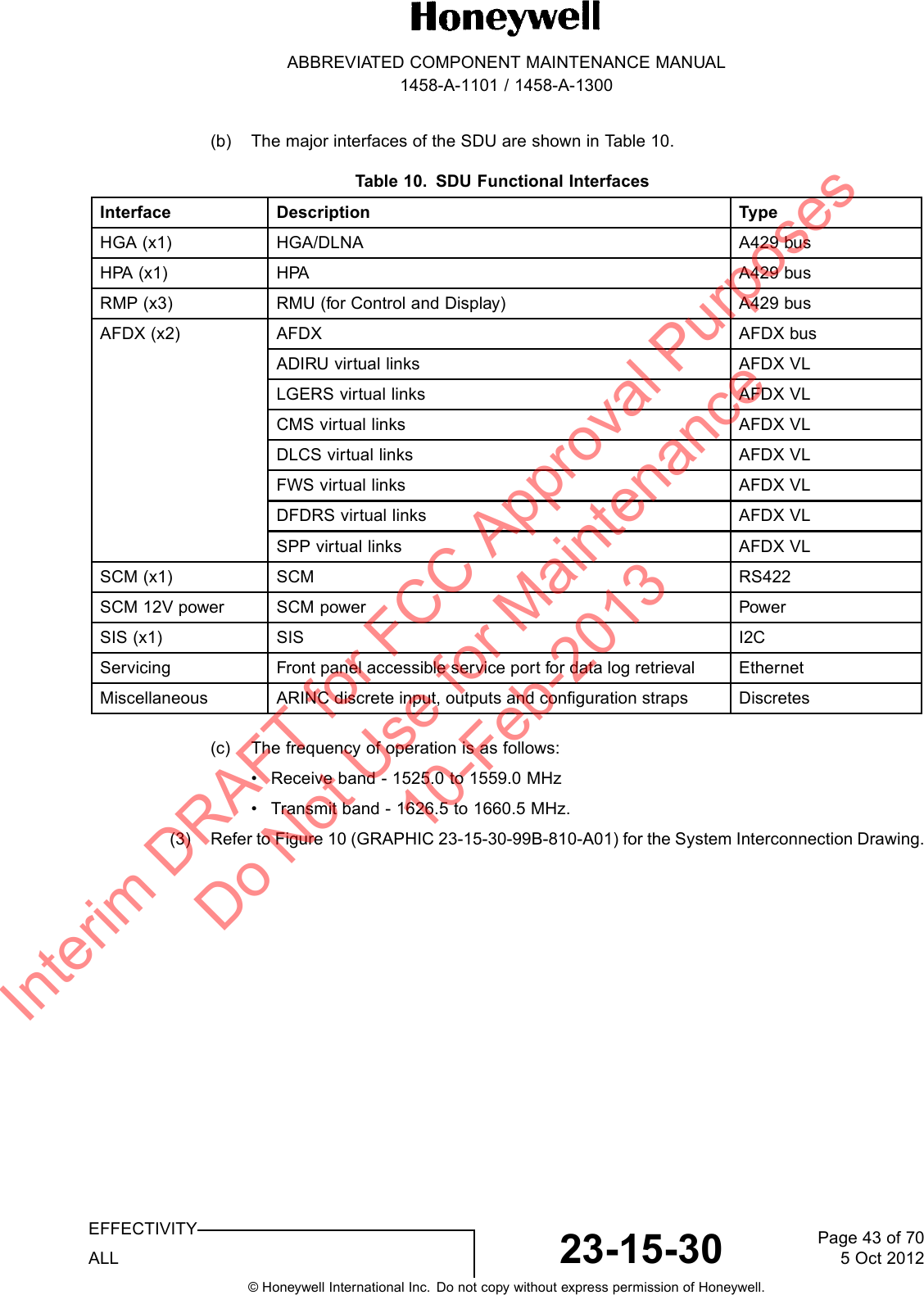ABBREVIATED COMPONENT MAINTENANCE MANUAL1458-A-1101 / 1458-A-1300(b) The major interfaces of the SDU are shown in Table 10.Table 10. SDU Functional InterfacesInterface Description TypeHGA (x1) HGA/DLNA A429 busHPA (x1) HPA A429 busRMP (x3) RMU (for Control and Display) A429 busAFDX (x2) AFDX AFDX busADIRU virtual links AFDX VLLGERS virtual links AFDX VLCMS virtual links AFDX VLDLCS virtual links AFDX VLFWS virtual links AFDX VLDFDRS virtual links AFDX VLSPP virtual links AFDX VLSCM (x1) SCM RS422SCM 12V power SCM power PowerSIS (x1) SIS I2CServicing Front panel accessible service port for data log retrieval EthernetMiscellaneous ARINC discrete input, outputs and configuration straps Discretes(c) The frequency of operation is as follows:• Receive band - 1525.0 to 1559.0 MHz• Transmit band - 1626.5 to 1660.5 MHz.(3) Refer to Figure 10 (GRAPHIC 23-15-30-99B-810-A01) for the System Interconnection Drawing.EFFECTIVITYALL 23-15-30 Page 43 of 705 Oct 2012© Honeywell International Inc. Do not copy without express permission of Honeywell.Interim DRAFT for FCC Approval Purposes Do Not Use for Maintenance 10-Feb-2013