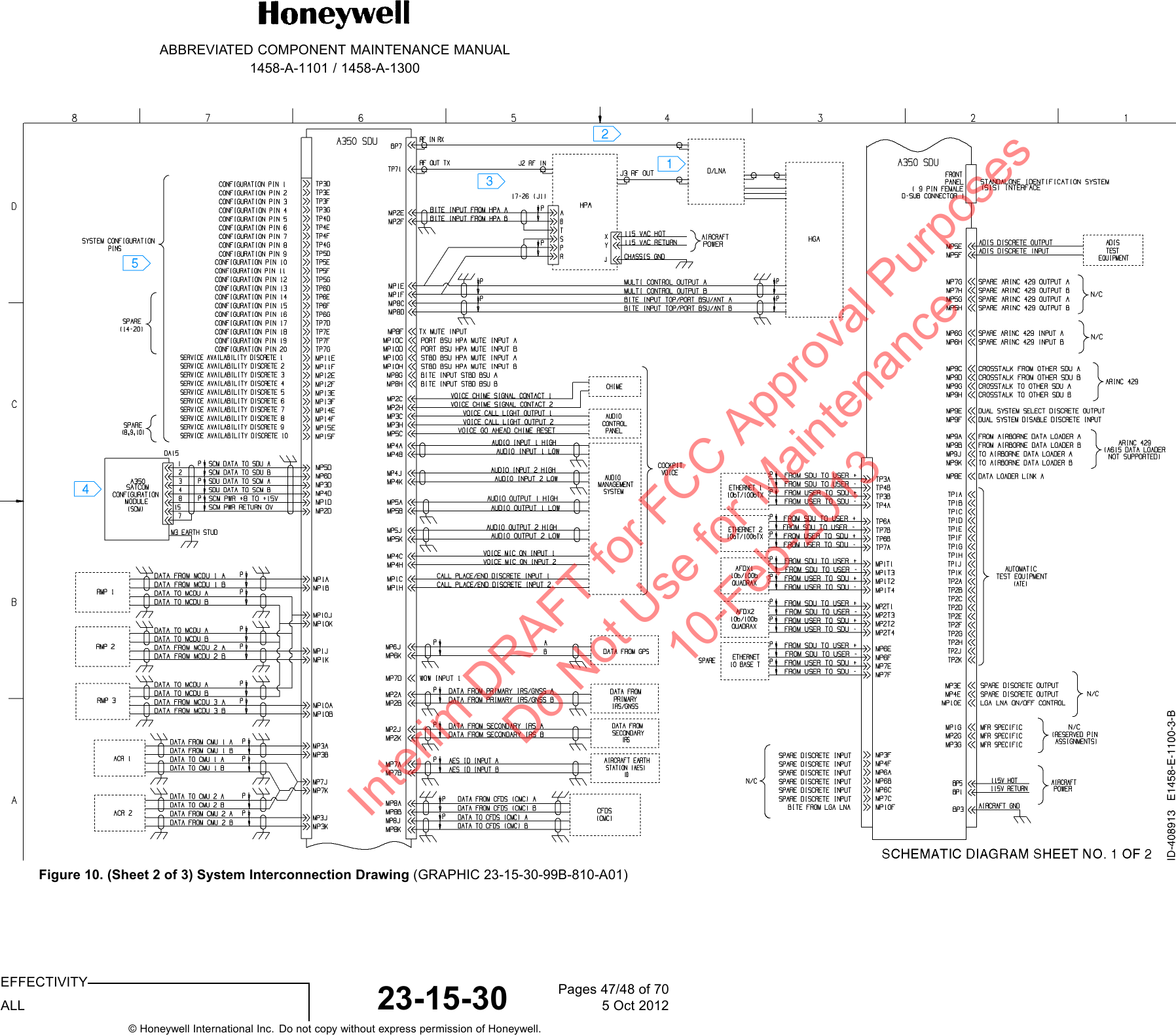 ABBREVIATED COMPONENT MAINTENANCE MANUAL1458-A-1101 / 1458-A-1300Figure 10. (Sheet 2 of 3) System Interconnection Drawing (GRAPHIC 23-15-30-99B-810-A01)EFFECTIVITYALL 23-15-30 Pages 47/48 of 705 Oct 2012© Honeywell International Inc. Do not copy without express permission of Honeywell.Interim DRAFT for FCC Approval Purposes Do Not Use for Maintenance 10-Feb-2013