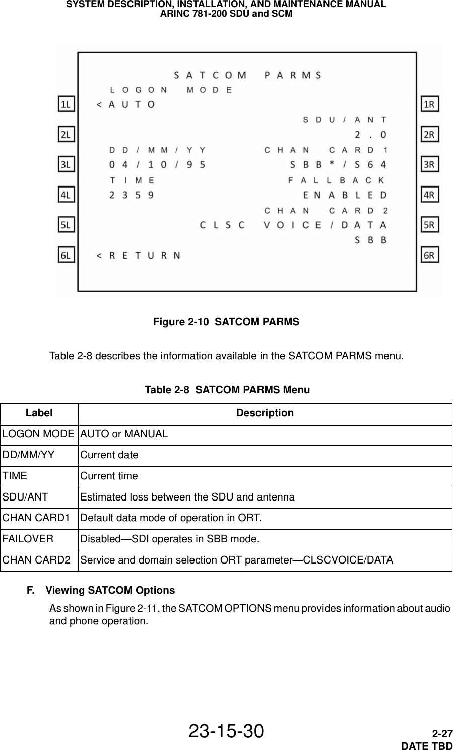 SYSTEM DESCRIPTION, INSTALLATION, AND MAINTENANCE MANUALARINC 781-200 SDU and SCM23-15-30 2-27DATE TBDFigure 2-10  SATCOM PARMSTable 2-8 describes the information available in the SATCOM PARMS menu. Table 2-8  SATCOM PARMS Menu Label DescriptionLOGON MODE AUTO or MANUALDD/MM/YY Current dateTIME Current timeSDU/ANT Estimated loss between the SDU and antennaCHAN CARD1 Default data mode of operation in ORT.FAILOVER Disabled—SDI operates in SBB mode.CHAN CARD2 Service and domain selection ORT parameter—CLSCVOICE/DATAF. Viewing SATCOM OptionsAs shown in Figure 2-11, the SATCOM OPTIONS menu provides information about audio and phone operation.