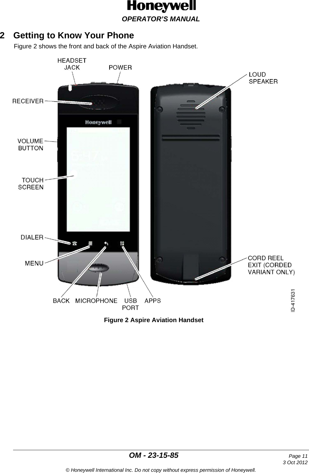  OPERATOR’S MANUAL  OM - 23-15-85 Page 11     3 Oct 2012 © Honeywell International Inc. Do not copy without express permission of Honeywell. 2  Getting to Know Your Phone Figure 2 shows the front and back of the Aspire Aviation Handset.  Figure 2 Aspire Aviation Handset    