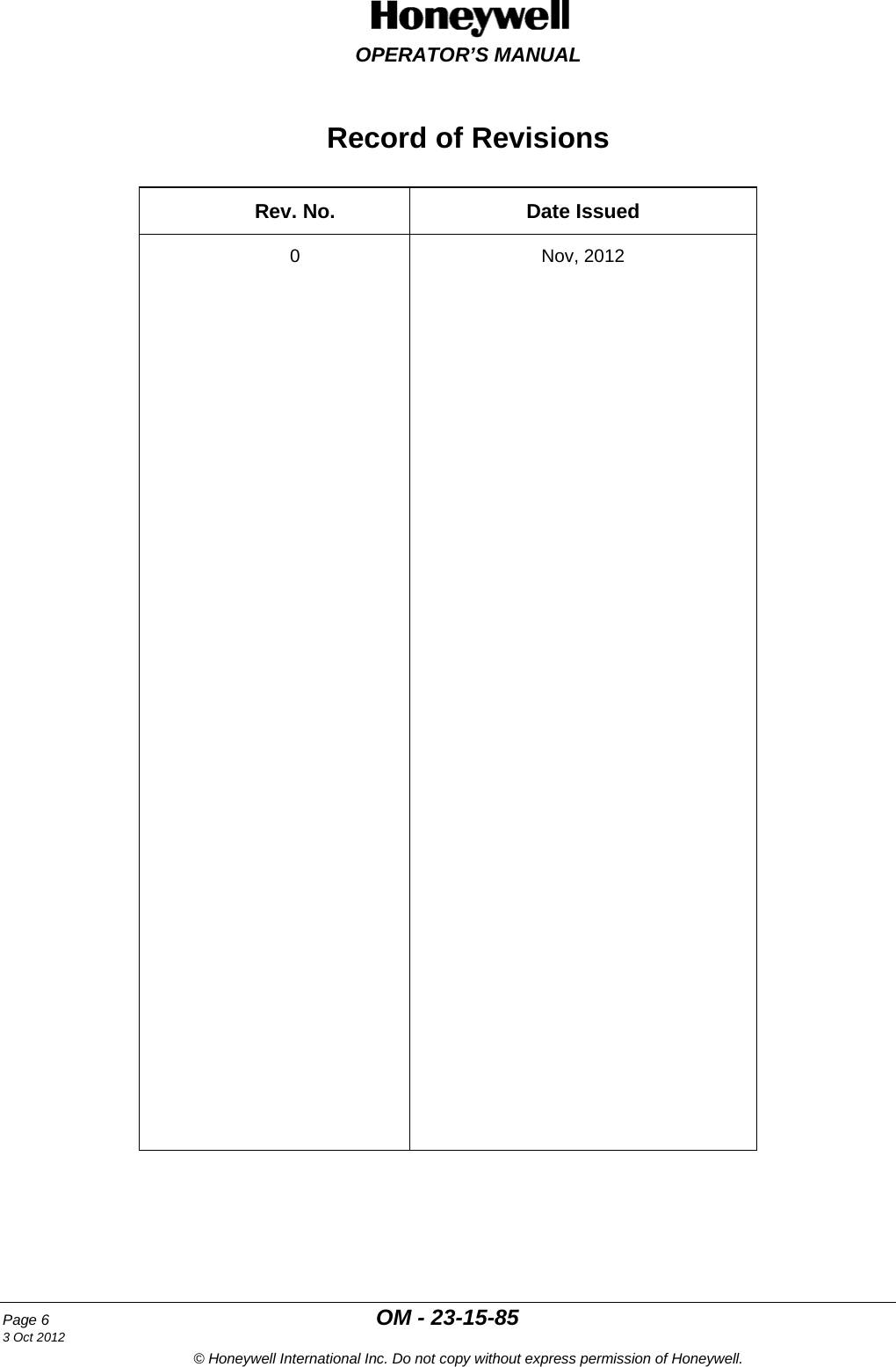  OPERATOR’S MANUAL Page 6  OM - 23-15-85  3 Oct 2012 © Honeywell International Inc. Do not copy without express permission of Honeywell. Record of Revisions  Rev. No. Date Issued 0  Nov, 2012                                                                 