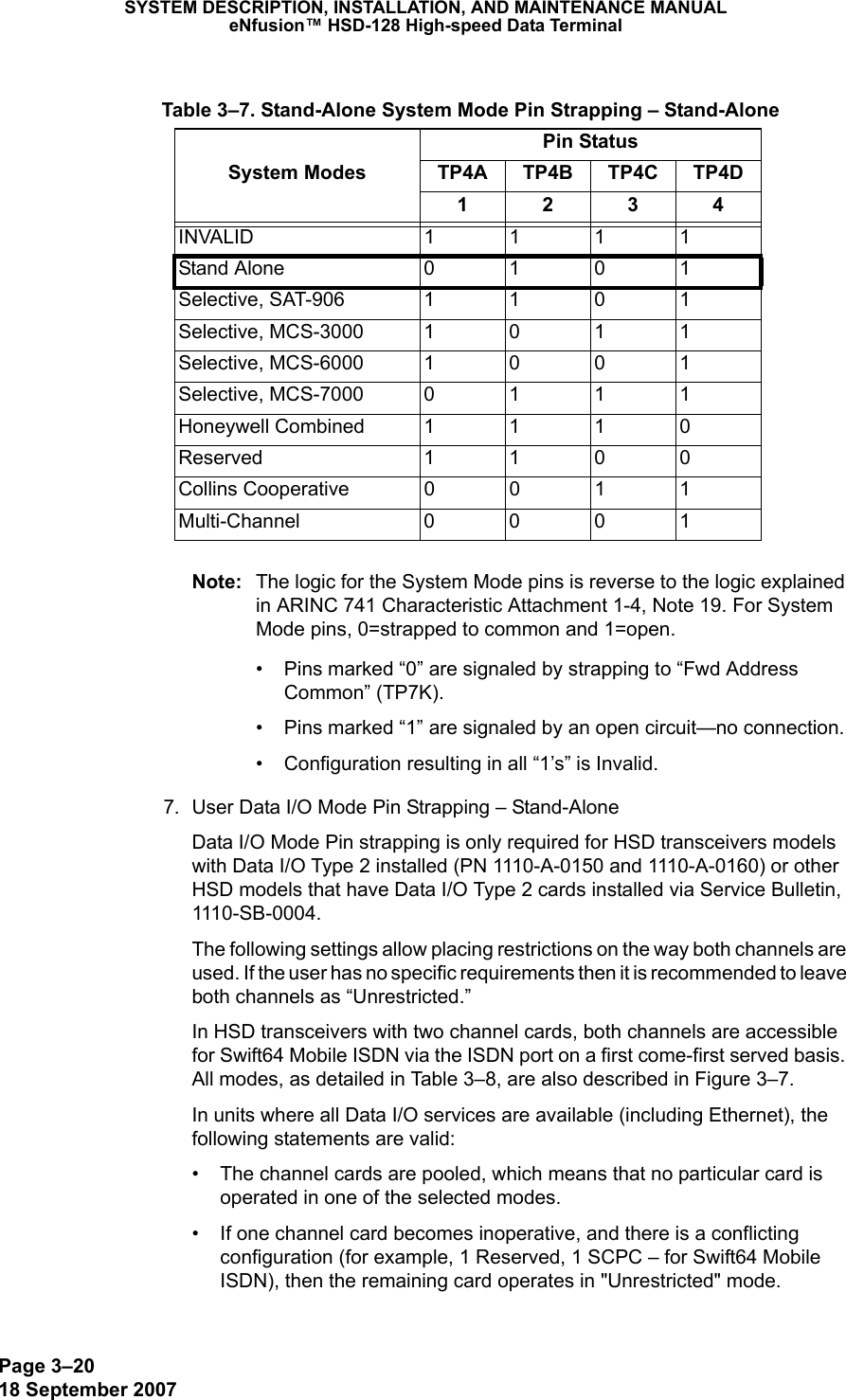 Page 3–2018 September 2007SYSTEM DESCRIPTION, INSTALLATION, AND MAINTENANCE MANUALeNfusion™ HSD-128 High-speed Data TerminalNote: The logic for the System Mode pins is reverse to the logic explained in ARINC 741 Characteristic Attachment 1-4, Note 19. For System Mode pins, 0=strapped to common and 1=open. • Pins marked “0” are signaled by strapping to “Fwd Address Common” (TP7K).• Pins marked “1” are signaled by an open circuit—no connection.• Configuration resulting in all “1’s” is Invalid.7. User Data I/O Mode Pin Strapping – Stand-AloneData I/O Mode Pin strapping is only required for HSD transceivers models with Data I/O Type 2 installed (PN 1110-A-0150 and 1110-A-0160) or other HSD models that have Data I/O Type 2 cards installed via Service Bulletin, 1110-SB-0004.The following settings allow placing restrictions on the way both channels are used. If the user has no specific requirements then it is recommended to leave both channels as “Unrestricted.”In HSD transceivers with two channel cards, both channels are accessible for Swift64 Mobile ISDN via the ISDN port on a first come-first served basis. All modes, as detailed in Table 3–8, are also described in Figure 3–7.In units where all Data I/O services are available (including Ethernet), the following statements are valid:• The channel cards are pooled, which means that no particular card is operated in one of the selected modes.• If one channel card becomes inoperative, and there is a conflicting configuration (for example, 1 Reserved, 1 SCPC – for Swift64 Mobile ISDN), then the remaining card operates in &quot;Unrestricted&quot; mode. Table 3–7. Stand-Alone System Mode Pin Strapping – Stand-AloneSystem ModesPin StatusTP4A TP4B TP4C TP4D1234INVALID 1111Stand Alone 0101Selective, SAT-906 1101Selective, MCS-30001011Selective, MCS-60001001Selective, MCS-70000111Honeywell Combined1110Reserved 1100Collins Cooperative  0011Multi-Channel 0001