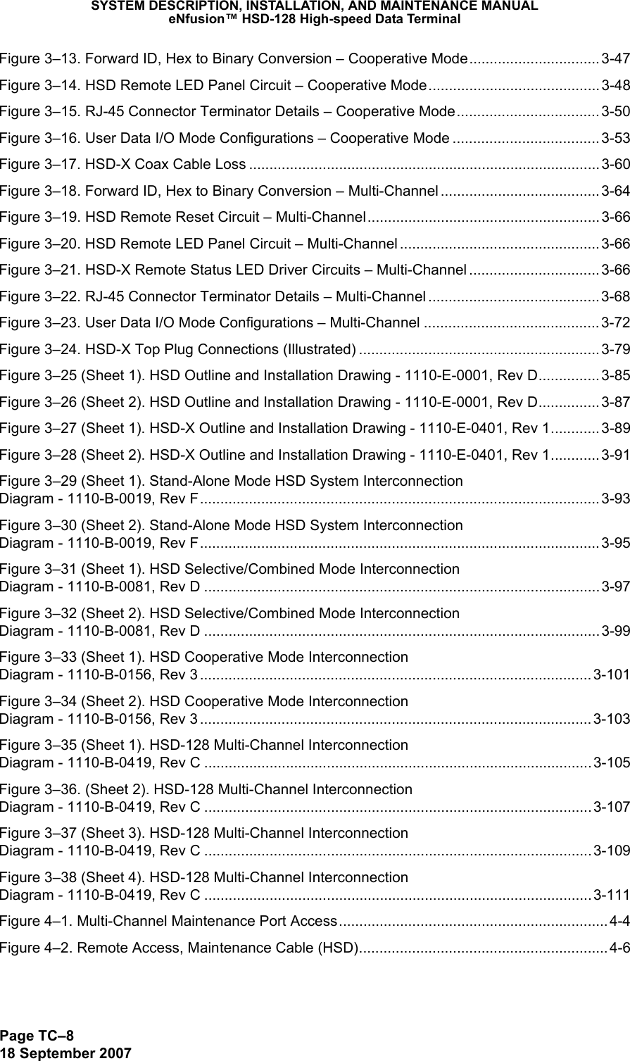 SYSTEM DESCRIPTION, INSTALLATION, AND MAINTENANCE MANUALeNfusion™ HSD-128 High-speed Data TerminalPage TC–818 September 2007Figure 3–13. Forward ID, Hex to Binary Conversion – Cooperative Mode................................ 3-47Figure 3–14. HSD Remote LED Panel Circuit – Cooperative Mode.......................................... 3-48Figure 3–15. RJ-45 Connector Terminator Details – Cooperative Mode................................... 3-50Figure 3–16. User Data I/O Mode Configurations – Cooperative Mode ....................................3-53Figure 3–17. HSD-X Coax Cable Loss ...................................................................................... 3-60Figure 3–18. Forward ID, Hex to Binary Conversion – Multi-Channel ....................................... 3-64Figure 3–19. HSD Remote Reset Circuit – Multi-Channel.........................................................3-66Figure 3–20. HSD Remote LED Panel Circuit – Multi-Channel ................................................. 3-66Figure 3–21. HSD-X Remote Status LED Driver Circuits – Multi-Channel ................................ 3-66Figure 3–22. RJ-45 Connector Terminator Details – Multi-Channel .......................................... 3-68Figure 3–23. User Data I/O Mode Configurations – Multi-Channel ...........................................3-72Figure 3–24. HSD-X Top Plug Connections (Illustrated) ........................................................... 3-79Figure 3–25 (Sheet 1). HSD Outline and Installation Drawing - 1110-E-0001, Rev D............... 3-85Figure 3–26 (Sheet 2). HSD Outline and Installation Drawing - 1110-E-0001, Rev D............... 3-87Figure 3–27 (Sheet 1). HSD-X Outline and Installation Drawing - 1110-E-0401, Rev 1............ 3-89Figure 3–28 (Sheet 2). HSD-X Outline and Installation Drawing - 1110-E-0401, Rev 1............ 3-91Figure 3–29 (Sheet 1). Stand-Alone Mode HSD System Interconnection  Diagram - 1110-B-0019, Rev F.................................................................................................. 3-93Figure 3–30 (Sheet 2). Stand-Alone Mode HSD System Interconnection  Diagram - 1110-B-0019, Rev F.................................................................................................. 3-95Figure 3–31 (Sheet 1). HSD Selective/Combined Mode Interconnection  Diagram - 1110-B-0081, Rev D .................................................................................................3-97Figure 3–32 (Sheet 2). HSD Selective/Combined Mode Interconnection  Diagram - 1110-B-0081, Rev D .................................................................................................3-99Figure 3–33 (Sheet 1). HSD Cooperative Mode Interconnection  Diagram - 1110-B-0156, Rev 3 ................................................................................................3-101Figure 3–34 (Sheet 2). HSD Cooperative Mode Interconnection  Diagram - 1110-B-0156, Rev 3 ................................................................................................3-103Figure 3–35 (Sheet 1). HSD-128 Multi-Channel Interconnection  Diagram - 1110-B-0419, Rev C ...............................................................................................3-105Figure 3–36. (Sheet 2). HSD-128 Multi-Channel Interconnection  Diagram - 1110-B-0419, Rev C ...............................................................................................3-107Figure 3–37 (Sheet 3). HSD-128 Multi-Channel Interconnection  Diagram - 1110-B-0419, Rev C ...............................................................................................3-109Figure 3–38 (Sheet 4). HSD-128 Multi-Channel Interconnection  Diagram - 1110-B-0419, Rev C ...............................................................................................3-111Figure 4–1. Multi-Channel Maintenance Port Access..................................................................4-4Figure 4–2. Remote Access, Maintenance Cable (HSD)............................................................. 4-6