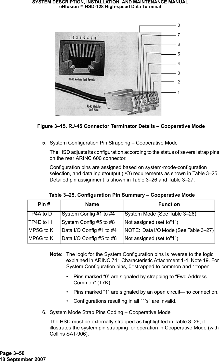 Page 3–5018 September 2007SYSTEM DESCRIPTION, INSTALLATION, AND MAINTENANCE MANUALeNfusion™ HSD-128 High-speed Data TerminalFigure 3–15. RJ-45 Connector Terminator Details – Cooperative Mode5. System Configuration Pin Strapping – Cooperative ModeThe HSD adjusts its configuration according to the status of several strap pins on the rear ARINC 600 connector.Configuration pins are assigned based on system-mode-configuration selection, and data input/output (I/O) requirements as shown in Table 3–25. Detailed pin assignment is shown in Table 3–26 and Table 3–27.Note: The logic for the System Configuration pins is reverse to the logic explained in ARINC 741 Characteristic Attachment 1-4, Note 19. For System Configuration pins, 0=strapped to common and 1=open. • Pins marked “0” are signaled by strapping to “Fwd Address Common” (T7K).• Pins marked “1” are signaled by an open circuit—no connection.• Configurations resulting in all “1’s” are invalid.6. System Mode Strap Pins Coding – Cooperative ModeThe HSD must be externally strapped as highlighted in Table 3–26; it illustrates the system pin strapping for operation in Cooperative Mode (with Collins SAT-906). Table 3–25. Configuration Pin Summary – Cooperative ModePin # Name FunctionTP4A to D System Config #1 to #4 System Mode (See Table 3–26)TP4E to H System Config #5 to #8 Not assigned (set to&quot;1&quot;)MP5G to K Data I/O Config #1 to #4 NOTE:  Data I/O Mode (See Table 3–27)MP6G to K Data I/O Config #5 to #8 Not assigned (set to&quot;1&quot;)