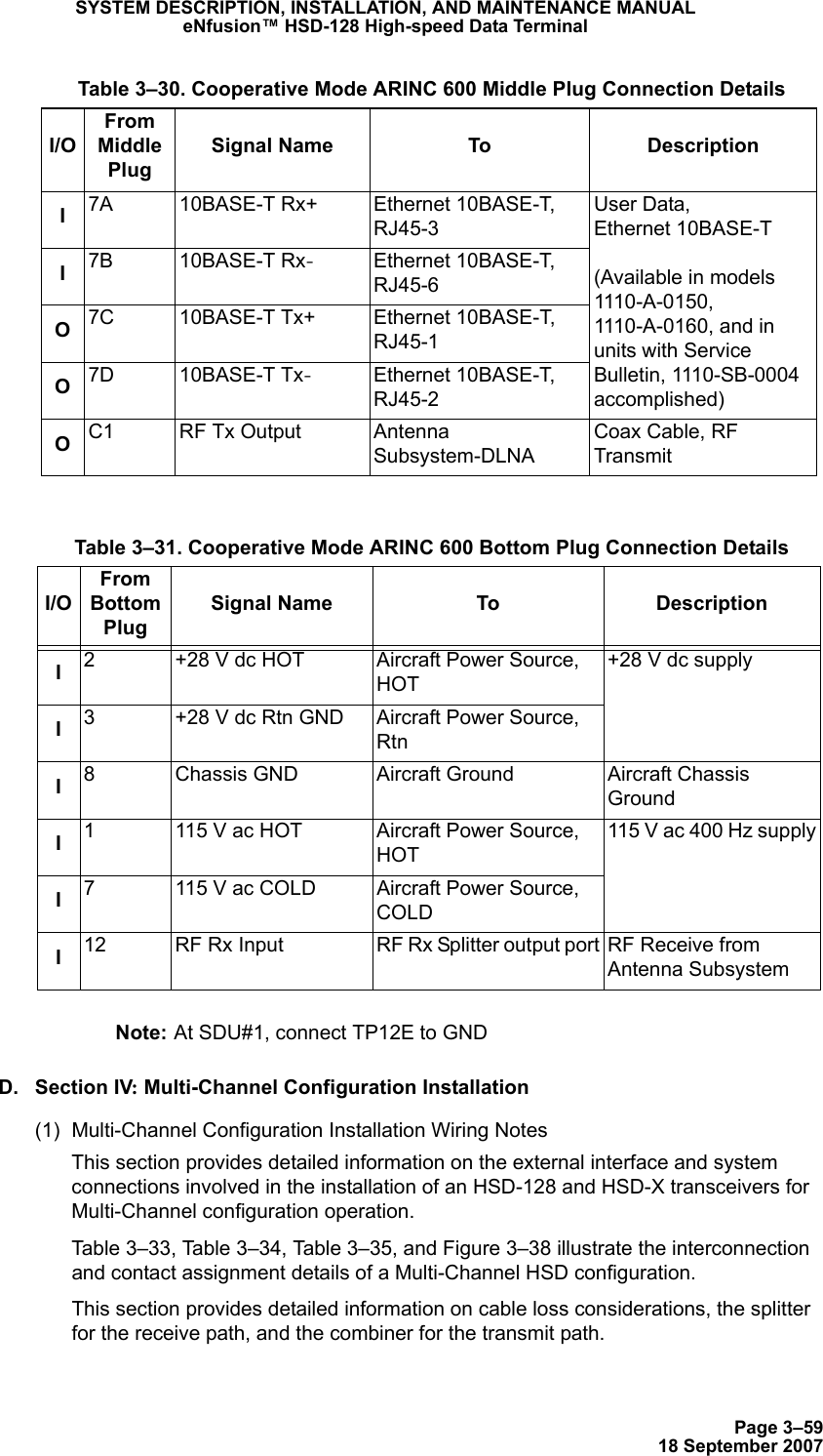 Page 3–5918 September 2007SYSTEM DESCRIPTION, INSTALLATION, AND MAINTENANCE MANUALeNfusion™ HSD-128 High-speed Data TerminalNote: At SDU#1, connect TP12E to GNDD. Section IV: Multi-Channel Configuration Installation(1) Multi-Channel Configuration Installation Wiring NotesThis section provides detailed information on the external interface and system connections involved in the installation of an HSD-128 and HSD-X transceivers for Multi-Channel configuration operation.Table 3–33, Table 3–34, Table 3–35, and Figure 3–38 illustrate the interconnection and contact assignment details of a Multi-Channel HSD configuration. This section provides detailed information on cable loss considerations, the splitter for the receive path, and the combiner for the transmit path.I7A 10BASE-T Rx+ Ethernet 10BASE-T, RJ45-3User Data, Ethernet 10BASE-T  (Available in models 1110-A-0150, 1110-A-0160, and in units with Service Bulletin, 1110-SB-0004 accomplished)I7B 10BASE-T Rx-Ethernet 10BASE-T, RJ45-6O7C 10BASE-T Tx+ Ethernet 10BASE-T, RJ45-1O7D 10BASE-T Tx-Ethernet 10BASE-T, RJ45-2OC1 RF Tx Output Antenna Subsystem-DLNACoax Cable, RF Transmit  Table 3–31. Cooperative Mode ARINC 600 Bottom Plug Connection DetailsI/OFrom Bottom PlugSignal Name To DescriptionI2 +28 V dc HOT Aircraft Power Source, HOT+28 V dc supplyI3 +28 V dc Rtn GND Aircraft Power Source, RtnI8 Chassis GND Aircraft Ground Aircraft Chassis GroundI1 115 V ac HOT Aircraft Power Source, HOT115 V ac 400 Hz supplyI7 115 V ac COLD Aircraft Power Source, COLDI12 RF Rx Input RF Rx Splitter output port RF Receive from Antenna Subsystem Table 3–30. Cooperative Mode ARINC 600 Middle Plug Connection DetailsI/OFrom Middle PlugSignal Name To Description