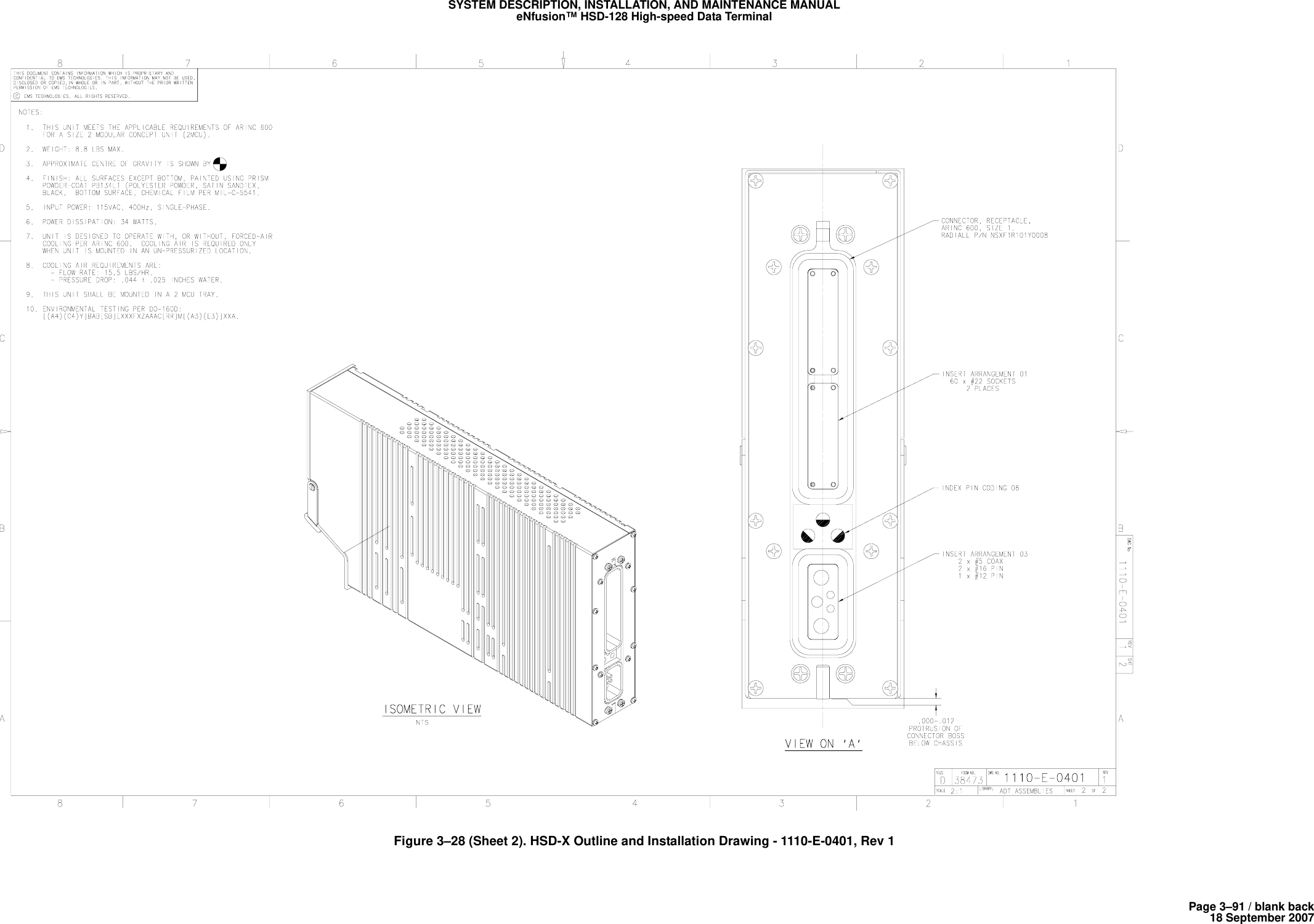 Page 3–91 / blank back18 September 2007SYSTEM DESCRIPTION, INSTALLATION, AND MAINTENANCE MANUALeNfusion™ HSD-128 High-speed Data TerminalFigure 3–28 (Sheet 2). HSD-X Outline and Installation Drawing - 1110-E-0401, Rev 1