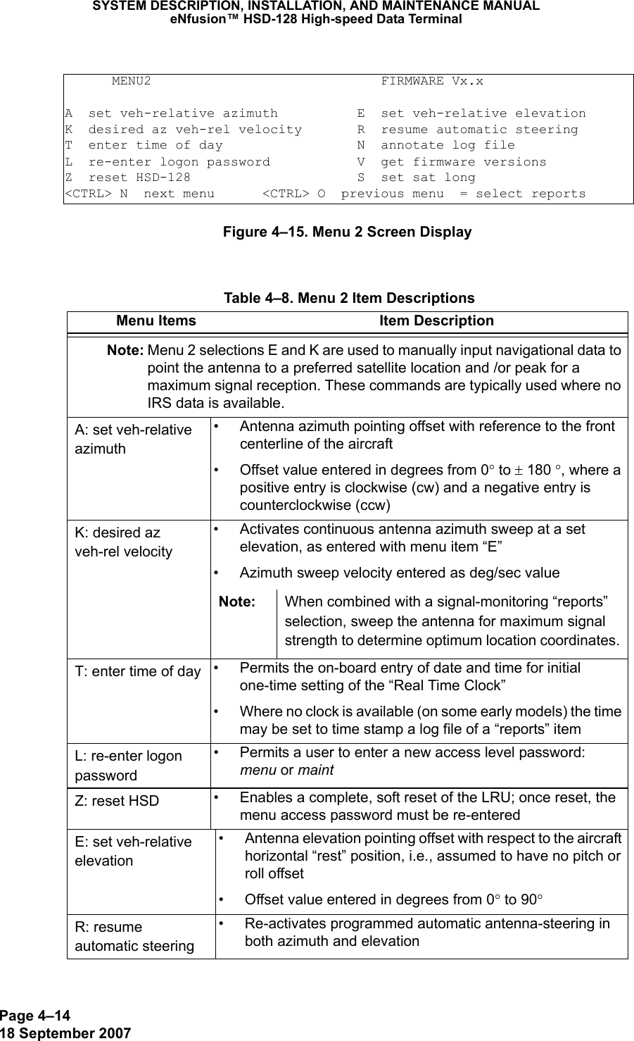 Page 4–1418 September 2007SYSTEM DESCRIPTION, INSTALLATION, AND MAINTENANCE MANUALeNfusion™ HSD-128 High-speed Data TerminalFigure 4–15. Menu 2 Screen Display      MENU2                             FIRMWARE Vx.xA  set veh-relative azimuth          E  set veh-relative elevationK  desired az veh-rel velocity       R  resume automatic steeringT  enter time of day                 N  annotate log fileL  re-enter logon password           V  get firmware versionsZ  reset HSD-128                     S  set sat long&lt;CTRL&gt; N  next menu      &lt;CTRL&gt; O  previous menu  = select reports Table 4–8. Menu 2 Item DescriptionsMenu Items Item DescriptionNote: Menu 2 selections E and K are used to manually input navigational data to point the antenna to a preferred satellite location and /or peak for a maximum signal reception. These commands are typically used where no IRS data is available. A: set veh-relative azimuth• Antenna azimuth pointing offset with reference to the front centerline of the aircraft• Offset value entered in degrees from 0° to ± 180 °, where a positive entry is clockwise (cw) and a negative entry is counterclockwise (ccw)K: desired az veh-rel velocity• Activates continuous antenna azimuth sweep at a set elevation, as entered with menu item “E”• Azimuth sweep velocity entered as deg/sec valueNote: When combined with a signal-monitoring “reports” selection, sweep the antenna for maximum signal strength to determine optimum location coordinates.T: enter time of day • Permits the on-board entry of date and time for initial one-time setting of the “Real Time Clock” • Where no clock is available (on some early models) the time may be set to time stamp a log file of a “reports” itemL: re-enter logon password• Permits a user to enter a new access level password:  menu or maintZ: reset HSD • Enables a complete, soft reset of the LRU; once reset, the menu access password must be re-enteredE: set veh-relative elevation• Antenna elevation pointing offset with respect to the aircraft horizontal “rest” position, i.e., assumed to have no pitch or  roll offset• Offset value entered in degrees from 0° to 90°R: resume automatic steering• Re-activates programmed automatic antenna-steering in both azimuth and elevation