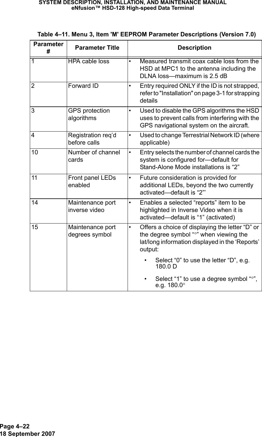 Page 4–2218 September 2007SYSTEM DESCRIPTION, INSTALLATION, AND MAINTENANCE MANUALeNfusion™ HSD-128 High-speed Data Terminal Table 4–11. Menu 3, Item &apos;M&apos; EEPROM Parameter Descriptions (Version 7.0)Parameter #Parameter Title Description1HPA cable loss • Measured transmit coax cable loss from the HSD at MPC1 to the antenna including the DLNA loss—maximum is 2.5 dB2Forward ID • Entry required ONLY if the ID is not strapped, refer to &quot;Installation&quot; on page 3-1 for strapping details3GPS protection algorithms• Used to disable the GPS algorithms the HSD uses to prevent calls from interfering with the GPS navigational system on the aircraft.4Registration req’d before calls• Used to change Terrestrial Network ID (where applicable)10 Number of channel cards• Entry selects the number of channel cards the system is configured for—default for Stand-Alone Mode installations is “2”11 Front panel LEDs enabled• Future consideration is provided for additional LEDs, beyond the two currently activated—default is “2”’14 Maintenance port inverse video• Enables a selected “reports” item to be highlighted in Inverse Video when it is activated—default is “1” (activated)15 Maintenance port degrees symbol• Offers a choice of displaying the letter “D” or the degree symbol “°” when viewing the lat/long information displayed in the ‘Reports’ output:• Select “0” to use the letter “D”, e.g. 180.0 D• Select “1” to use a degree symbol “°”, e.g. 180.0°