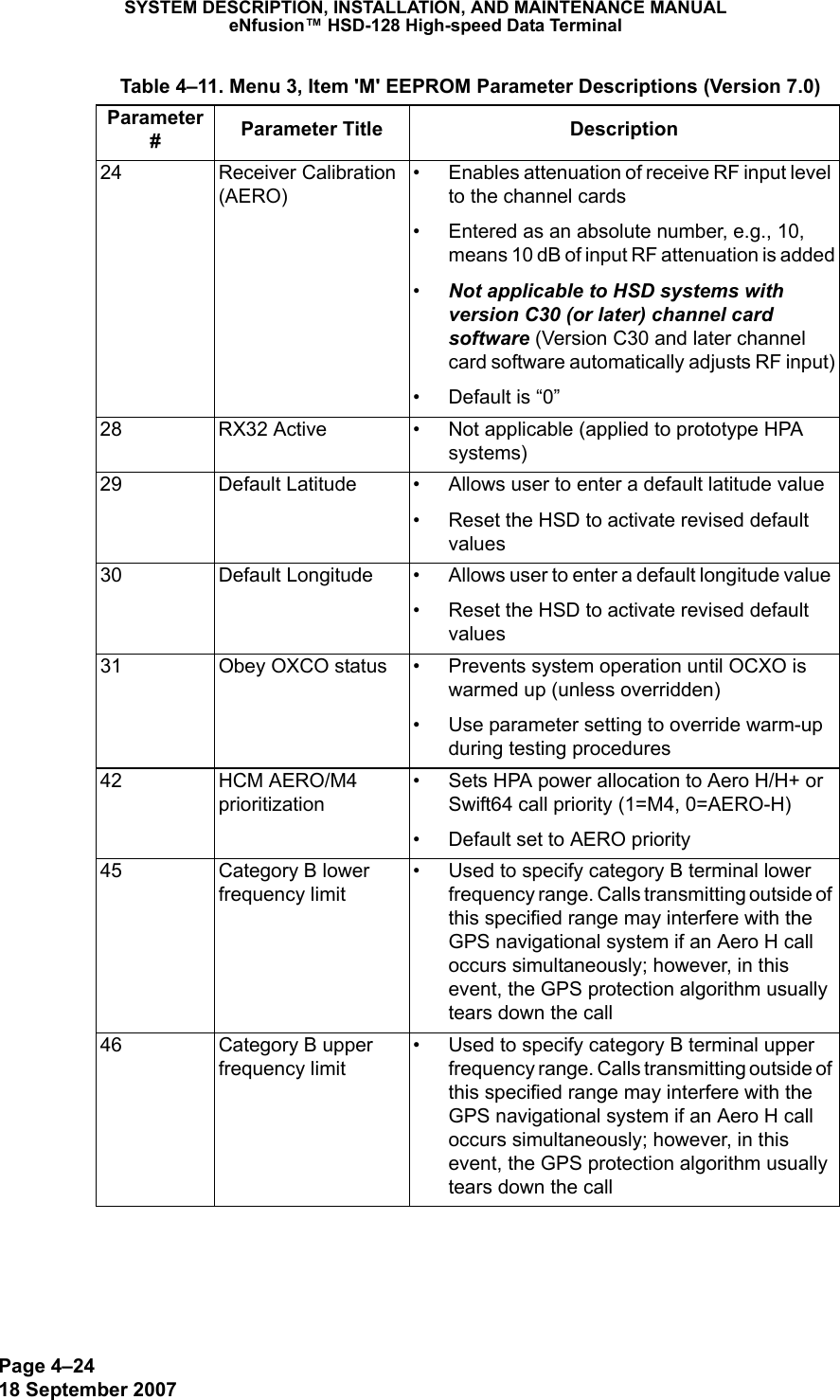 Page 4–2418 September 2007SYSTEM DESCRIPTION, INSTALLATION, AND MAINTENANCE MANUALeNfusion™ HSD-128 High-speed Data Terminal24  Receiver Calibration (AERO)• Enables attenuation of receive RF input level to the channel cards• Entered as an absolute number, e.g., 10, means 10 dB of input RF attenuation is added•Not applicable to HSD systems with version C30 (or later) channel card software (Version C30 and later channel card software automatically adjusts RF input)• Default is “0”28 RX32 Active • Not applicable (applied to prototype HPA systems)29 Default Latitude • Allows user to enter a default latitude value• Reset the HSD to activate revised default values30 Default Longitude • Allows user to enter a default longitude value • Reset the HSD to activate revised default values31 Obey OXCO status • Prevents system operation until OCXO is warmed up (unless overridden)• Use parameter setting to override warm-up during testing procedures42 HCM AERO/M4 prioritization • Sets HPA power allocation to Aero H/H+ or Swift64 call priority (1=M4, 0=AERO-H)• Default set to AERO priority45 Category B lower frequency limit• Used to specify category B terminal lower frequency range. Calls transmitting outside of this specified range may interfere with the GPS navigational system if an Aero H call occurs simultaneously; however, in this event, the GPS protection algorithm usually tears down the call 46 Category B upper frequency limit• Used to specify category B terminal upper frequency range. Calls transmitting outside of this specified range may interfere with the GPS navigational system if an Aero H call occurs simultaneously; however, in this event, the GPS protection algorithm usually tears down the call Table 4–11. Menu 3, Item &apos;M&apos; EEPROM Parameter Descriptions (Version 7.0)Parameter #Parameter Title Description