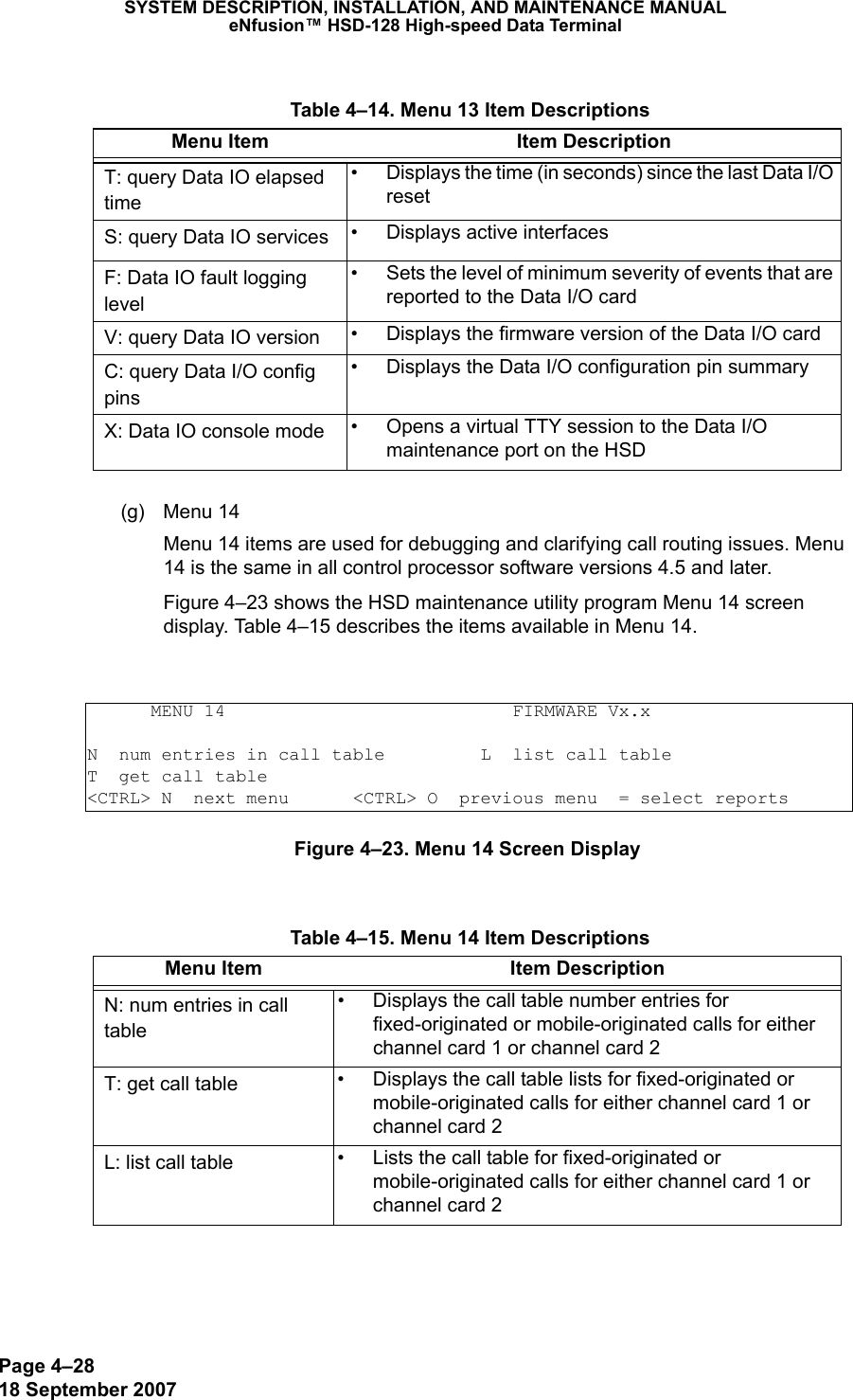 Page 4–2818 September 2007SYSTEM DESCRIPTION, INSTALLATION, AND MAINTENANCE MANUALeNfusion™ HSD-128 High-speed Data Terminal(g) Menu 14 Menu 14 items are used for debugging and clarifying call routing issues. Menu 14 is the same in all control processor software versions 4.5 and later. Figure 4–23 shows the HSD maintenance utility program Menu 14 screen display. Table 4–15 describes the items available in Menu 14.Figure 4–23. Menu 14 Screen Display Table 4–14. Menu 13 Item DescriptionsMenu Item Item DescriptionT: query Data IO elapsed time• Displays the time (in seconds) since the last Data I/O resetS: query Data IO services • Displays active interfacesF: Data IO fault logging level• Sets the level of minimum severity of events that are reported to the Data I/O cardV: query Data IO version • Displays the firmware version of the Data I/O cardC: query Data I/O config pins• Displays the Data I/O configuration pin summaryX: Data IO console mode • Opens a virtual TTY session to the Data I/O maintenance port on the HSD      MENU 14                           FIRMWARE Vx.xN  num entries in call table         L  list call tableT  get call table&lt;CTRL&gt; N  next menu      &lt;CTRL&gt; O  previous menu  = select reports Table 4–15. Menu 14 Item DescriptionsMenu Item Item DescriptionN: num entries in call table• Displays the call table number entries for fixed-originated or mobile-originated calls for either channel card 1 or channel card 2 T: get call table • Displays the call table lists for fixed-originated or mobile-originated calls for either channel card 1 or channel card 2L: list call table • Lists the call table for fixed-originated or mobile-originated calls for either channel card 1 or channel card 2