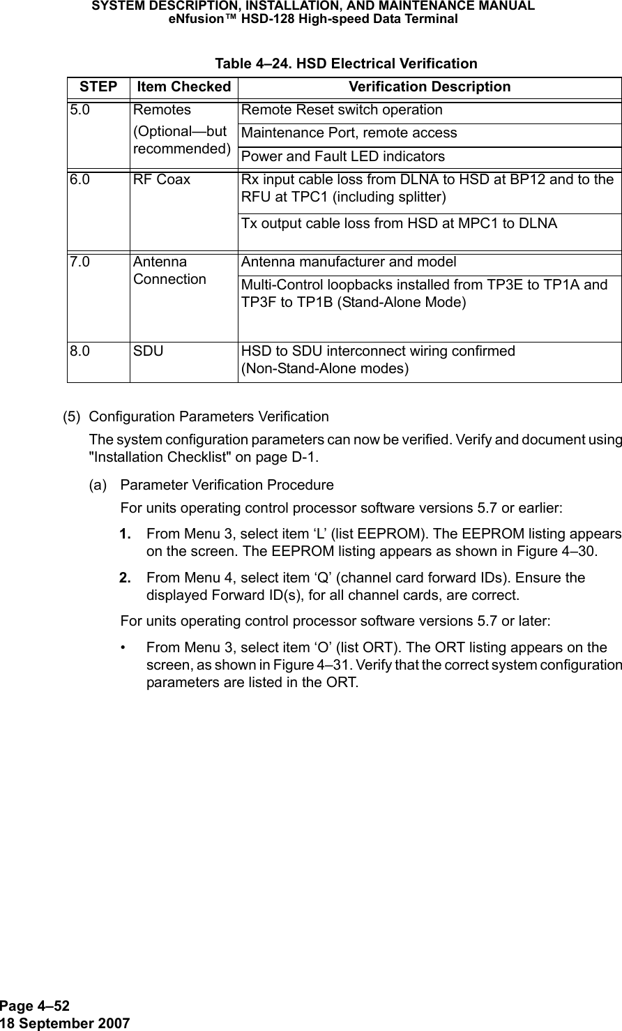 Page 4–5218 September 2007SYSTEM DESCRIPTION, INSTALLATION, AND MAINTENANCE MANUALeNfusion™ HSD-128 High-speed Data Terminal(5) Configuration Parameters VerificationThe system configuration parameters can now be verified. Verify and document using &quot;Installation Checklist&quot; on page D-1.(a) Parameter Verification ProcedureFor units operating control processor software versions 5.7 or earlier: 1. From Menu 3, select item ‘L’ (list EEPROM). The EEPROM listing appears on the screen. The EEPROM listing appears as shown in Figure 4–30. 2. From Menu 4, select item ‘Q’ (channel card forward IDs). Ensure the displayed Forward ID(s), for all channel cards, are correct.For units operating control processor software versions 5.7 or later:• From Menu 3, select item ‘O’ (list ORT). The ORT listing appears on the screen, as shown in Figure 4–31. Verify that the correct system configuration parameters are listed in the ORT.5.0 Remotes(Optional—but recommended)Remote Reset switch operationMaintenance Port, remote accessPower and Fault LED indicators6.0 RF Coax Rx input cable loss from DLNA to HSD at BP12 and to the RFU at TPC1 (including splitter)Tx output cable loss from HSD at MPC1 to DLNA7.0 Antenna ConnectionAntenna manufacturer and modelMulti-Control loopbacks installed from TP3E to TP1A and TP3F to TP1B (Stand-Alone Mode)8.0 SDU HSD to SDU interconnect wiring confirmed (Non-Stand-Alone modes) Table 4–24. HSD Electrical VerificationSTEP Item Checked Verification Description