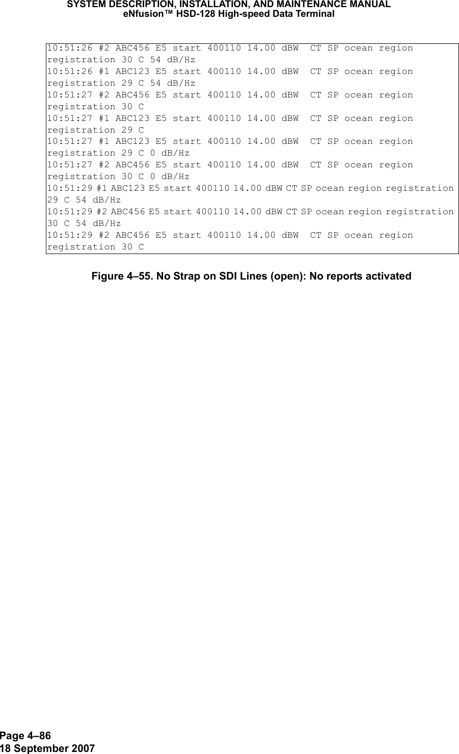 Page 4–8618 September 2007SYSTEM DESCRIPTION, INSTALLATION, AND MAINTENANCE MANUALeNfusion™ HSD-128 High-speed Data TerminalFigure 4–55. No Strap on SDI Lines (open): No reports activated10:51:26 #2 ABC456 E5 start 400110 14.00 dBW  CT SP ocean region registration 30 C 54 dB/Hz10:51:26 #1 ABC123 E5 start 400110 14.00 dBW  CT SP ocean region registration 29 C 54 dB/Hz10:51:27 #2 ABC456 E5 start 400110 14.00 dBW  CT SP ocean region registration 30 C10:51:27 #1 ABC123 E5 start 400110 14.00 dBW  CT SP ocean region registration 29 C10:51:27 #1 ABC123 E5 start 400110 14.00 dBW  CT SP ocean region registration 29 C 0 dB/Hz10:51:27 #2 ABC456 E5 start 400110 14.00 dBW  CT SP ocean region registration 30 C 0 dB/Hz10:51:29 #1 ABC123 E5 start 400110 14.00 dBW CT SP ocean region registration 29 C 54 dB/Hz10:51:29 #2 ABC456 E5 start 400110 14.00 dBW CT SP ocean region registration 30 C 54 dB/Hz10:51:29 #2 ABC456 E5 start 400110 14.00 dBW  CT SP ocean region registration 30 C