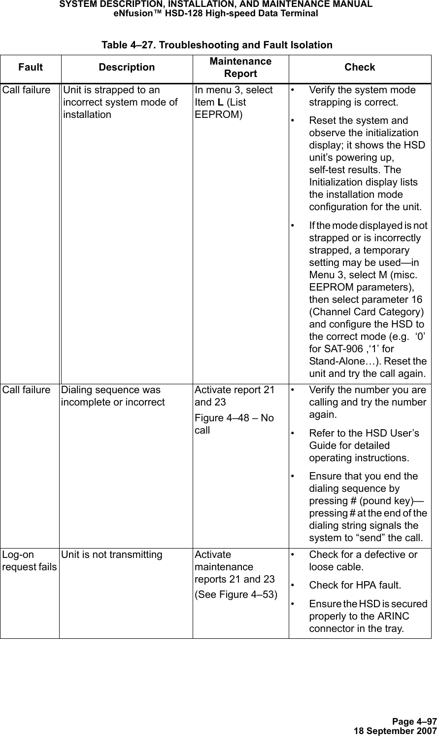 Page 4–9718 September 2007SYSTEM DESCRIPTION, INSTALLATION, AND MAINTENANCE MANUALeNfusion™ HSD-128 High-speed Data TerminalCall failure Unit is strapped to an incorrect system mode of installationIn menu 3, select Item L (List EEPROM) • Verify the system mode strapping is correct. • Reset the system and observe the initialization display; it shows the HSD unit’s powering up, self-test results. The Initialization display lists the installation mode configuration for the unit.• If the mode displayed is not strapped or is incorrectly strapped, a temporary setting may be used—in Menu 3, select M (misc. EEPROM parameters), then select parameter 16 (Channel Card Category) and configure the HSD to the correct mode (e.g.  ‘0’ for SAT-906 ,‘1’ for Stand-Alone…). Reset the unit and try the call again.Call failure  Dialing sequence was incomplete or incorrectActivate report 21 and 23Figure 4–48 – No call• Verify the number you are calling and try the number again.• Refer to the HSD User’s Guide for detailed operating instructions.• Ensure that you end the dialing sequence by pressing # (pound key)—pressing # at the end of the dialing string signals the system to “send” the call.Log-on request failsUnit is not transmitting Activate maintenance reports 21 and 23(See Figure 4–53)• Check for a defective or loose cable.• Check for HPA fault.• Ensure the HSD is secured properly to the ARINC connector in the tray. Table 4–27. Troubleshooting and Fault IsolationFault Description Maintenance Report  Check