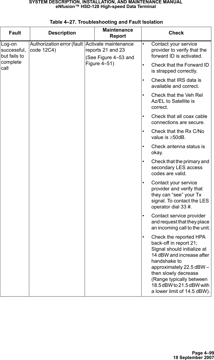 Page 4–9918 September 2007SYSTEM DESCRIPTION, INSTALLATION, AND MAINTENANCE MANUALeNfusion™ HSD-128 High-speed Data TerminalLog-on successful, but fails to complete callAuthorization error (fault code 12C4)Activate maintenance reports 21 and 23(See Figure 4–53 and Figure 4–51)• Contact your service provider to verify that the forward ID is activated. • Check that the Forward ID is strapped correctly.• Check that IRS data is available and correct.• Check that the Veh Rel Az/EL to Satellite is correct. • Check that all coax cable connections are secure.• Check that the Rx C/No value is ≥50dB.• Check antenna status is okay.• Check that the primary and secondary LES access codes are valid. • Contact your service provider and verify that they can “see” your Tx signal. To contact the LES operator dial 33 #.• Contact service provider and request that they place an incoming call to the unit.• Check the reported HPA back-off in report 21; Signal should initialize at 14 dBW and increase after handshake to approximately 22.5 dBW – then slowly decrease (Range typically between 18.5 dBW to 21.5 dBW with a lower limit of 14.5 dBW). Table 4–27. Troubleshooting and Fault IsolationFault Description Maintenance Report  Check