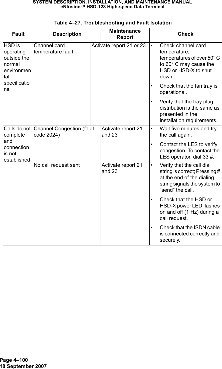Page 4–10018 September 2007SYSTEM DESCRIPTION, INSTALLATION, AND MAINTENANCE MANUALeNfusion™ HSD-128 High-speed Data TerminalHSD is operating outside the normal environmental specificationsChannel card  temperature fault Activate report 21 or 23 • Check channel card temperature; temperatures of over 50° C to 60° C may cause the HSD or HSD-X to shut down.• Check that the fan tray is operational.• Verify that the tray plug distribution is the same as presented in the installation requirements.Calls do not complete and connection is not establishedChannel Congestion (fault code 2024) Activate report 21 and 23• Wait five minutes and try the call again.• Contact the LES to verify congestion. To contact the LES operator, dial 33 #.No call request sent  Activate report 21 and 23• Verify that the call dial string is correct; Pressing # at the end of the dialing string signals the system to “send” the call.• Check that the HSD or HSD-X power LED flashes on and off (1 Hz) during a call request.• Check that the ISDN cable is connected correctly and securely. Table 4–27. Troubleshooting and Fault IsolationFault Description Maintenance Report  Check