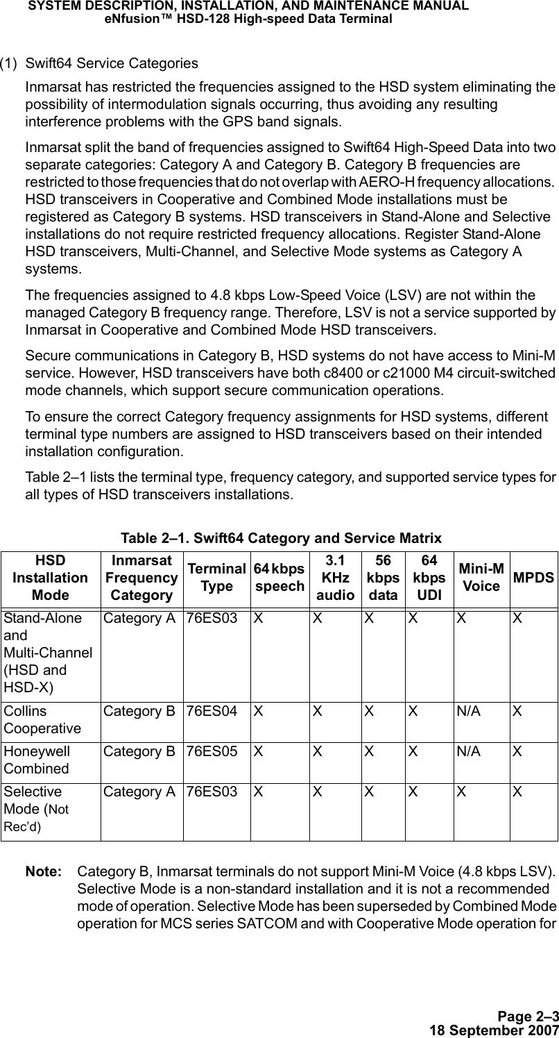 Page 2–318 September 2007SYSTEM DESCRIPTION, INSTALLATION, AND MAINTENANCE MANUALeNfusion™ HSD-128 High-speed Data Terminal(1) Swift64 Service CategoriesInmarsat has restricted the frequencies assigned to the HSD system eliminating the possibility of intermodulation signals occurring, thus avoiding any resulting interference problems with the GPS band signals. Inmarsat split the band of frequencies assigned to Swift64 High-Speed Data into two separate categories: Category A and Category B. Category B frequencies are restricted to those frequencies that do not overlap with AERO-H frequency allocations.  HSD transceivers in Cooperative and Combined Mode installations must be registered as Category B systems. HSD transceivers in Stand-Alone and Selective installations do not require restricted frequency allocations. Register Stand-Alone HSD transceivers, Multi-Channel, and Selective Mode systems as Category A systems. The frequencies assigned to 4.8 kbps Low-Speed Voice (LSV) are not within the managed Category B frequency range. Therefore, LSV is not a service supported by Inmarsat in Cooperative and Combined Mode HSD transceivers. Secure communications in Category B, HSD systems do not have access to Mini-M service. However, HSD transceivers have both c8400 or c21000 M4 circuit-switched mode channels, which support secure communication operations.To ensure the correct Category frequency assignments for HSD systems, different terminal type numbers are assigned to HSD transceivers based on their intended installation configuration. Table 2–1 lists the terminal type, frequency category, and supported service types for all types of HSD transceivers installations. Note: Category B, Inmarsat terminals do not support Mini-M Voice (4.8 kbps LSV). Selective Mode is a non-standard installation and it is not a recommended mode of operation. Selective Mode has been superseded by Combined Mode operation for MCS series SATCOM and with Cooperative Mode operation for  Table 2–1. Swift64 Category and Service MatrixHSD Installation ModeInmarsat Frequency CategoryTerminal Type64 kbps speech3.1 KHz audio56 kbps data64 kbps UDIMini-M Voice MPDSStand-Alone and Multi-Channel (HSD and HSD-X) Category A 76ES03 X X X X X XCollins Cooperative Category B 76ES04 X X X X N/A XHoneywell Combined Category B 76ES05 X X X X N/A XSelective Mode (Not Rec’d)Category A 76ES03 X X X X X X