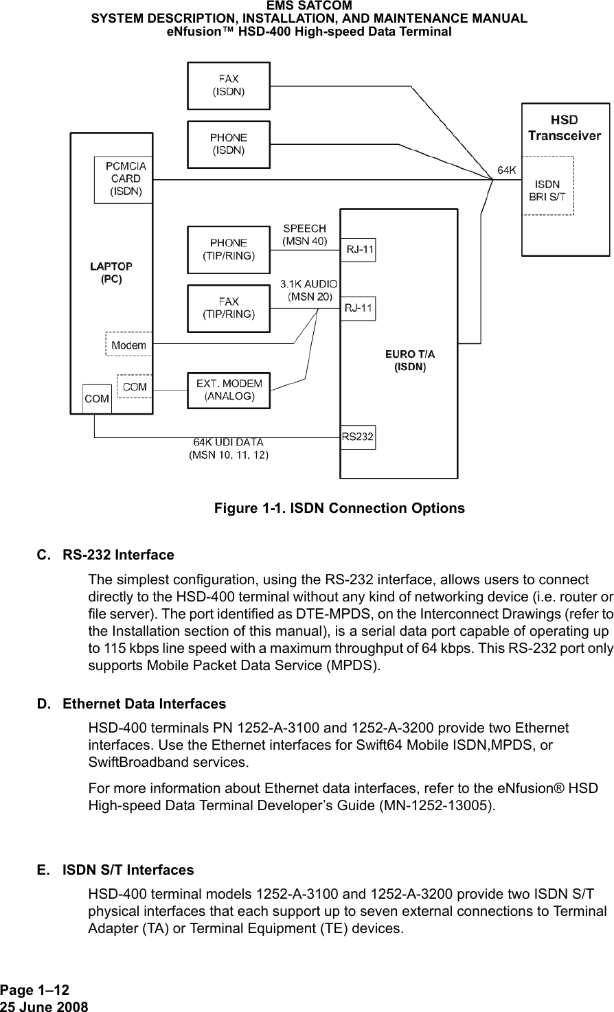 Page 1–1225 June 2008 EMS SATCOMSYSTEM DESCRIPTION, INSTALLATION, AND MAINTENANCE MANUALeNfusion™ HSD-400 High-speed Data TerminalFigure 1-1. ISDN Connection OptionsC. RS-232 Interface The simplest configuration, using the RS-232 interface, allows users to connect directly to the HSD-400 terminal without any kind of networking device (i.e. router or file server). The port identified as DTE-MPDS, on the Interconnect Drawings (refer to the Installation section of this manual), is a serial data port capable of operating up to 115 kbps line speed with a maximum throughput of 64 kbps. This RS-232 port only supports Mobile Packet Data Service (MPDS).D. Ethernet Data InterfacesHSD-400 terminals PN 1252-A-3100 and 1252-A-3200 provide two Ethernet interfaces. Use the Ethernet interfaces for Swift64 Mobile ISDN,MPDS, or SwiftBroadband services.For more information about Ethernet data interfaces, refer to the eNfusion® HSD High-speed Data Terminal Developer’s Guide (MN-1252-13005).E. ISDN S/T InterfacesHSD-400 terminal models 1252-A-3100 and 1252-A-3200 provide two ISDN S/T physical interfaces that each support up to seven external connections to Terminal Adapter (TA) or Terminal Equipment (TE) devices.