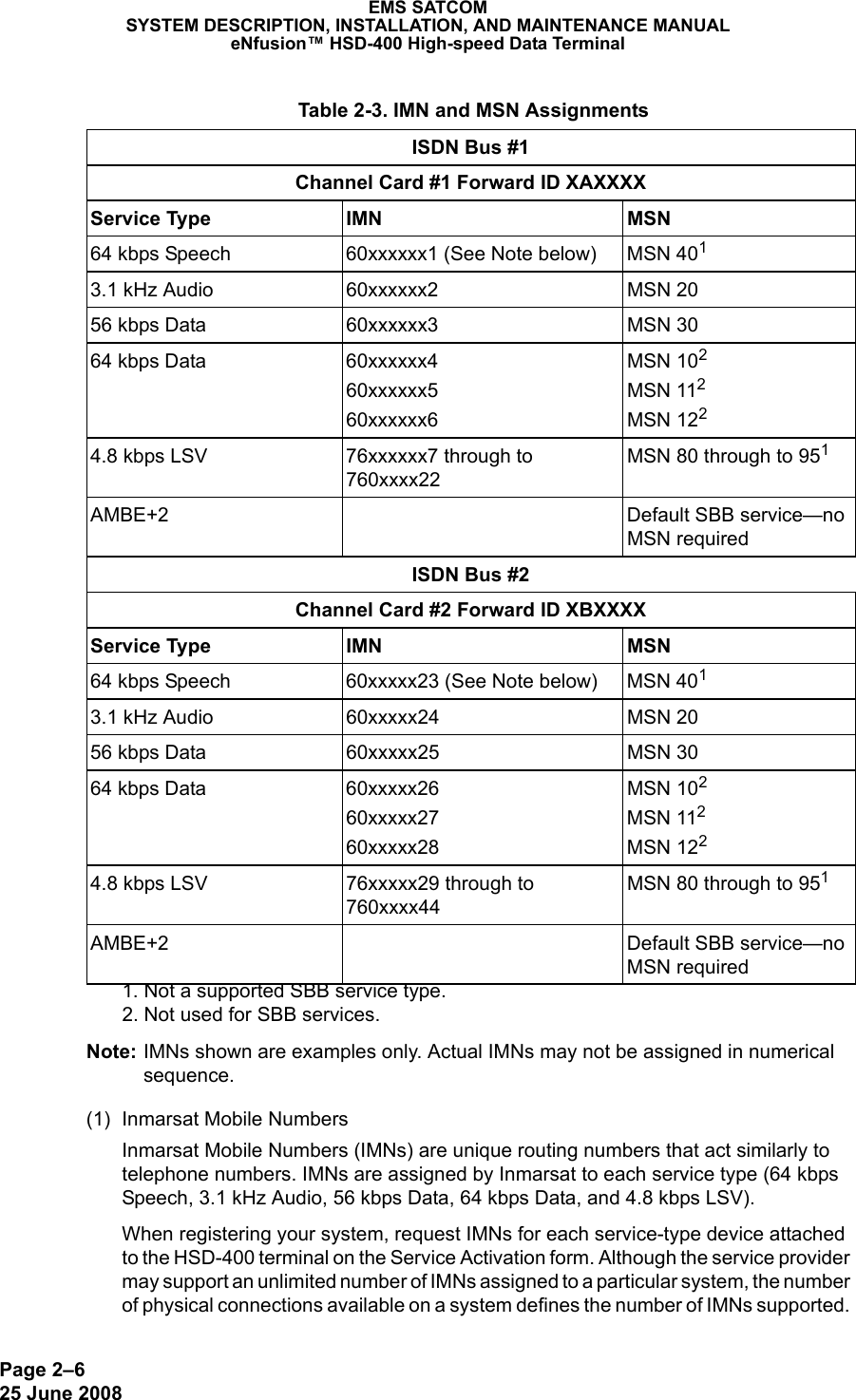 Page 2–625 June 2008 EMS SATCOMSYSTEM DESCRIPTION, INSTALLATION, AND MAINTENANCE MANUALeNfusion™ HSD-400 High-speed Data TerminalNote: IMNs shown are examples only. Actual IMNs may not be assigned in numerical sequence.(1) Inmarsat Mobile NumbersInmarsat Mobile Numbers (IMNs) are unique routing numbers that act similarly to telephone numbers. IMNs are assigned by Inmarsat to each service type (64 kbps Speech, 3.1 kHz Audio, 56 kbps Data, 64 kbps Data, and 4.8 kbps LSV).When registering your system, request IMNs for each service-type device attached to the HSD-400 terminal on the Service Activation form. Although the service provider may support an unlimited number of IMNs assigned to a particular system, the number of physical connections available on a system defines the number of IMNs supported.  Table 2-3. IMN and MSN Assignments ISDN Bus #1Channel Card #1 Forward ID XAXXXXService Type IMN MSN64 kbps Speech 60xxxxxx1 (See Note below) MSN 4011. Not a supported SBB service type.3.1 kHz Audio 60xxxxxx2 MSN 2056 kbps Data 60xxxxxx3 MSN 3064 kbps Data 60xxxxxx460xxxxxx560xxxxxx6MSN 102MSN 112MSN 1222. Not used for SBB services.4.8 kbps LSV  76xxxxxx7 through to 760xxxx22MSN 80 through to 951AMBE+2 Default SBB service—no MSN requiredISDN Bus #2Channel Card #2 Forward ID XBXXXXService Type IMN MSN64 kbps Speech 60xxxxx23 (See Note below) MSN 4013.1 kHz Audio 60xxxxx24 MSN 2056 kbps Data 60xxxxx25 MSN 3064 kbps Data 60xxxxx2660xxxxx2760xxxxx28MSN 102MSN 112MSN 1224.8 kbps LSV  76xxxxx29 through to 760xxxx44MSN 80 through to 951AMBE+2 Default SBB service—no MSN required