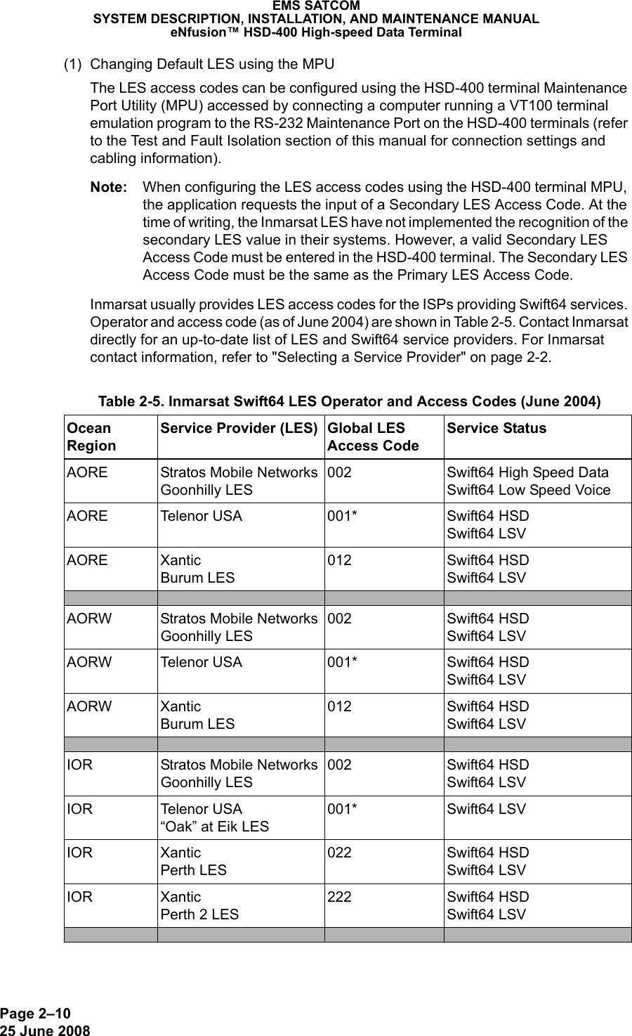 Page 2–1025 June 2008 EMS SATCOMSYSTEM DESCRIPTION, INSTALLATION, AND MAINTENANCE MANUALeNfusion™ HSD-400 High-speed Data Terminal(1) Changing Default LES using the MPUThe LES access codes can be configured using the HSD-400 terminal Maintenance Port Utility (MPU) accessed by connecting a computer running a VT100 terminal emulation program to the RS-232 Maintenance Port on the HSD-400 terminals (refer to the Test and Fault Isolation section of this manual for connection settings and cabling information). Note: When configuring the LES access codes using the HSD-400 terminal MPU, the application requests the input of a Secondary LES Access Code. At the time of writing, the Inmarsat LES have not implemented the recognition of the secondary LES value in their systems. However, a valid Secondary LES Access Code must be entered in the HSD-400 terminal. The Secondary LES Access Code must be the same as the Primary LES Access Code. Inmarsat usually provides LES access codes for the ISPs providing Swift64 services. Operator and access code (as of June 2004) are shown in Table 2-5. Contact Inmarsat directly for an up-to-date list of LES and Swift64 service providers. For Inmarsat contact information, refer to &quot;Selecting a Service Provider&quot; on page 2-2. Table 2-5. Inmarsat Swift64 LES Operator and Access Codes (June 2004) Ocean RegionService Provider (LES) Global LES Access CodeService StatusAORE Stratos Mobile Networks Goonhilly LES002 Swift64 High Speed Data Swift64 Low Speed VoiceAORE Telenor USA 001* Swift64 HSD Swift64 LSVAORE Xantic Burum LES012 Swift64 HSD Swift64 LSVAORW Stratos Mobile Networks Goonhilly LES002 Swift64 HSD Swift64 LSVAORW Telenor USA 001* Swift64 HSD Swift64 LSVAORW Xantic Burum LES012 Swift64 HSD Swift64 LSVIOR Stratos Mobile Networks Goonhilly LES002 Swift64 HSD Swift64 LSVIOR Telenor USA “Oak” at Eik LES001* Swift64 LSVIOR Xantic Perth LES022 Swift64 HSD Swift64 LSVIOR Xantic Perth 2 LES222 Swift64 HSD Swift64 LSV