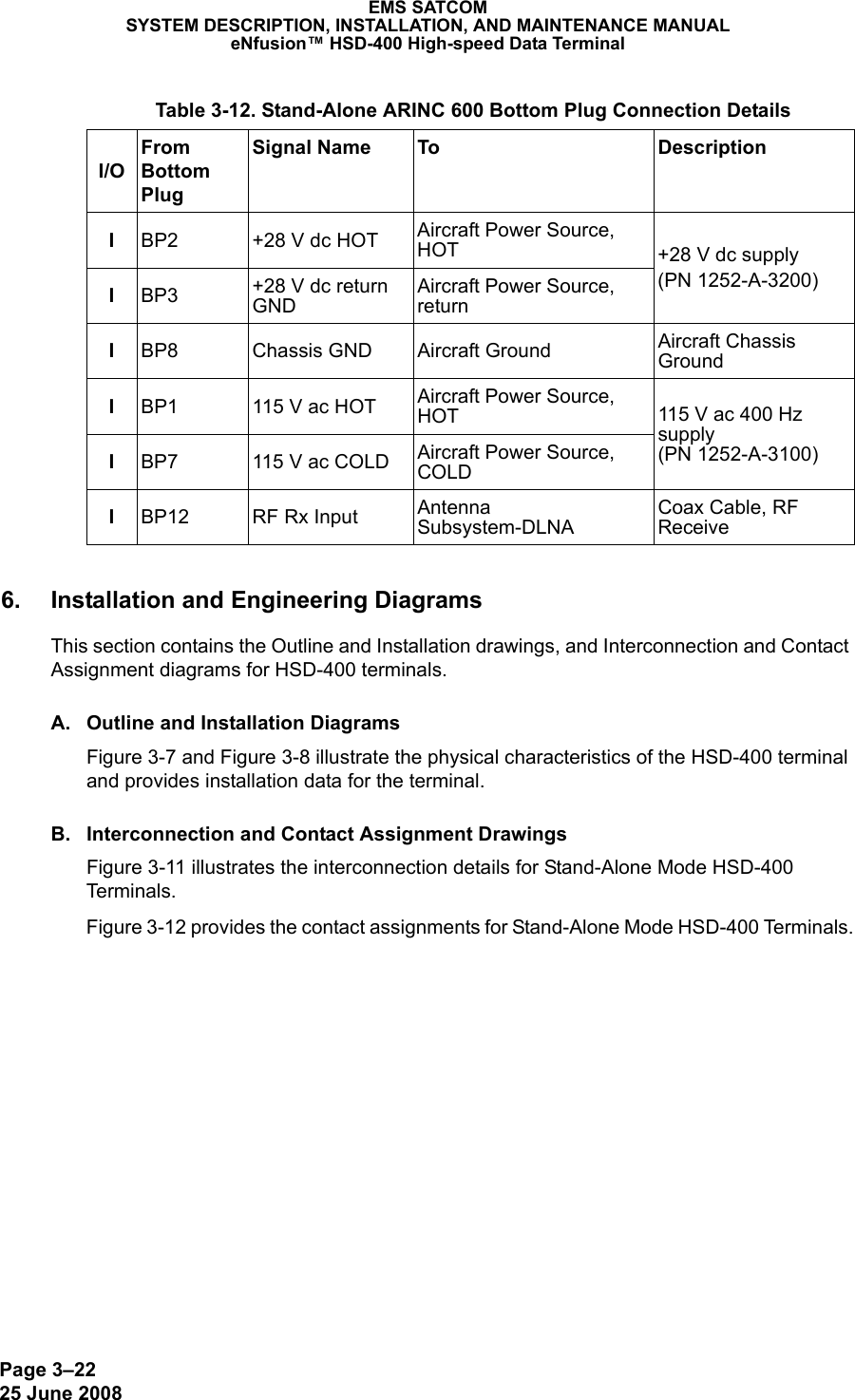 Page 3–2225 June 2008EMS SATCOMSYSTEM DESCRIPTION, INSTALLATION, AND MAINTENANCE MANUALeNfusion™ HSD-400 High-speed Data Terminal6. Installation and Engineering DiagramsThis section contains the Outline and Installation drawings, and Interconnection and Contact Assignment diagrams for HSD-400 terminals. A. Outline and Installation DiagramsFigure 3-7 and Figure 3-8 illustrate the physical characteristics of the HSD-400 terminal and provides installation data for the terminal. B. Interconnection and Contact Assignment DrawingsFigure 3-11 illustrates the interconnection details for Stand-Alone Mode HSD-400 Terminals .Figure 3-12 provides the contact assignments for Stand-Alone Mode HSD-400 Terminals. Table 3-12. Stand-Alone ARINC 600 Bottom Plug Connection Details I/OFrom Bottom PlugSignal Name To DescriptionIBP2 +28 V dc HOT Aircraft Power Source, HOT +28 V dc supply(PN 1252-A-3200)IBP3 +28 V dc return GNDAircraft Power Source, returnIBP8 Chassis GND Aircraft Ground Aircraft Chassis GroundIBP1 115 V ac HOT Aircraft Power Source, HOT 115 V ac 400 Hz supply (PN 1252-A-3100)IBP7 115 V ac COLD Aircraft Power Source, COLDIBP12 RF Rx Input Antenna Subsystem-DLNACoax Cable, RF Receive 