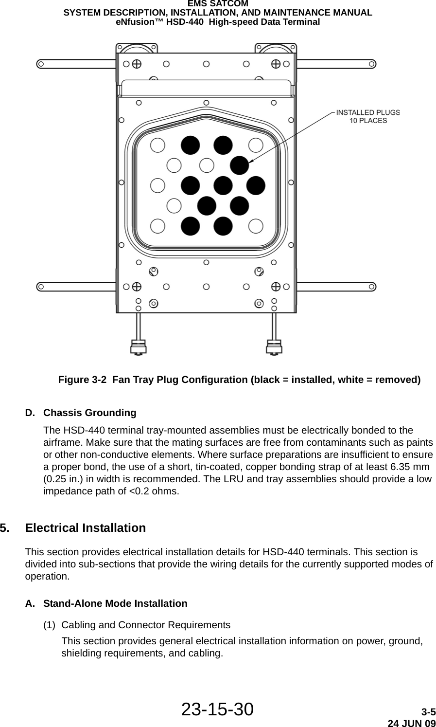 EMS SATCOMSYSTEM DESCRIPTION, INSTALLATION, AND MAINTENANCE MANUALeNfusion™ HSD-440  High-speed Data Terminal23-15-30 3-524 JUN 09Figure 3-2  Fan Tray Plug Configuration (black = installed, white = removed)D. Chassis GroundingThe HSD-440 terminal tray-mounted assemblies must be electrically bonded to the airframe. Make sure that the mating surfaces are free from contaminants such as paints or other non-conductive elements. Where surface preparations are insufficient to ensure a proper bond, the use of a short, tin-coated, copper bonding strap of at least 6.35 mm (0.25 in.) in width is recommended. The LRU and tray assemblies should provide a low impedance path of &lt;0.2 ohms.5. Electrical InstallationThis section provides electrical installation details for HSD-440 terminals. This section is divided into sub-sections that provide the wiring details for the currently supported modes of operation.A. Stand-Alone Mode Installation(1) Cabling and Connector RequirementsThis section provides general electrical installation information on power, ground, shielding requirements, and cabling. 