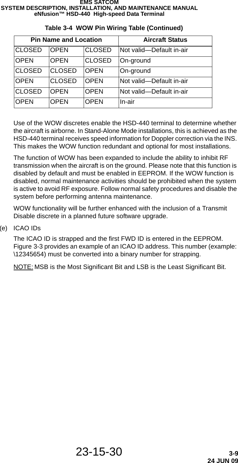 EMS SATCOMSYSTEM DESCRIPTION, INSTALLATION, AND MAINTENANCE MANUALeNfusion™ HSD-440  High-speed Data Terminal23-15-30 3-924 JUN 09Use of the WOW discretes enable the HSD-440 terminal to determine whether the aircraft is airborne. In Stand-Alone Mode installations, this is achieved as the HSD-440 terminal receives speed information for Doppler correction via the INS. This makes the WOW function redundant and optional for most installations.The function of WOW has been expanded to include the ability to inhibit RF transmission when the aircraft is on the ground. Please note that this function is disabled by default and must be enabled in EEPROM. If the WOW function is disabled, normal maintenance activities should be prohibited when the system is active to avoid RF exposure. Follow normal safety procedures and disable the system before performing antenna maintenance.WOW functionality will be further enhanced with the inclusion of a Transmit Disable discrete in a planned future software upgrade.(e) ICAO IDsThe ICAO ID is strapped and the first FWD ID is entered in the EEPROM. Figure 3-3 provides an example of an ICAO ID address. This number (example: \12345654) must be converted into a binary number for strapping.NOTE: MSB is the Most Significant Bit and LSB is the Least Significant Bit.CLOSED OPEN CLOSED Not valid—Default in-airOPEN OPEN CLOSED On-groundCLOSED CLOSED OPEN On-groundOPEN CLOSED OPEN Not valid—Default in-airCLOSED OPEN OPEN Not valid—Default in-airOPEN OPEN OPEN In-air Table 3-4  WOW Pin Wiring Table (Continued)Pin Name and Location Aircraft Status