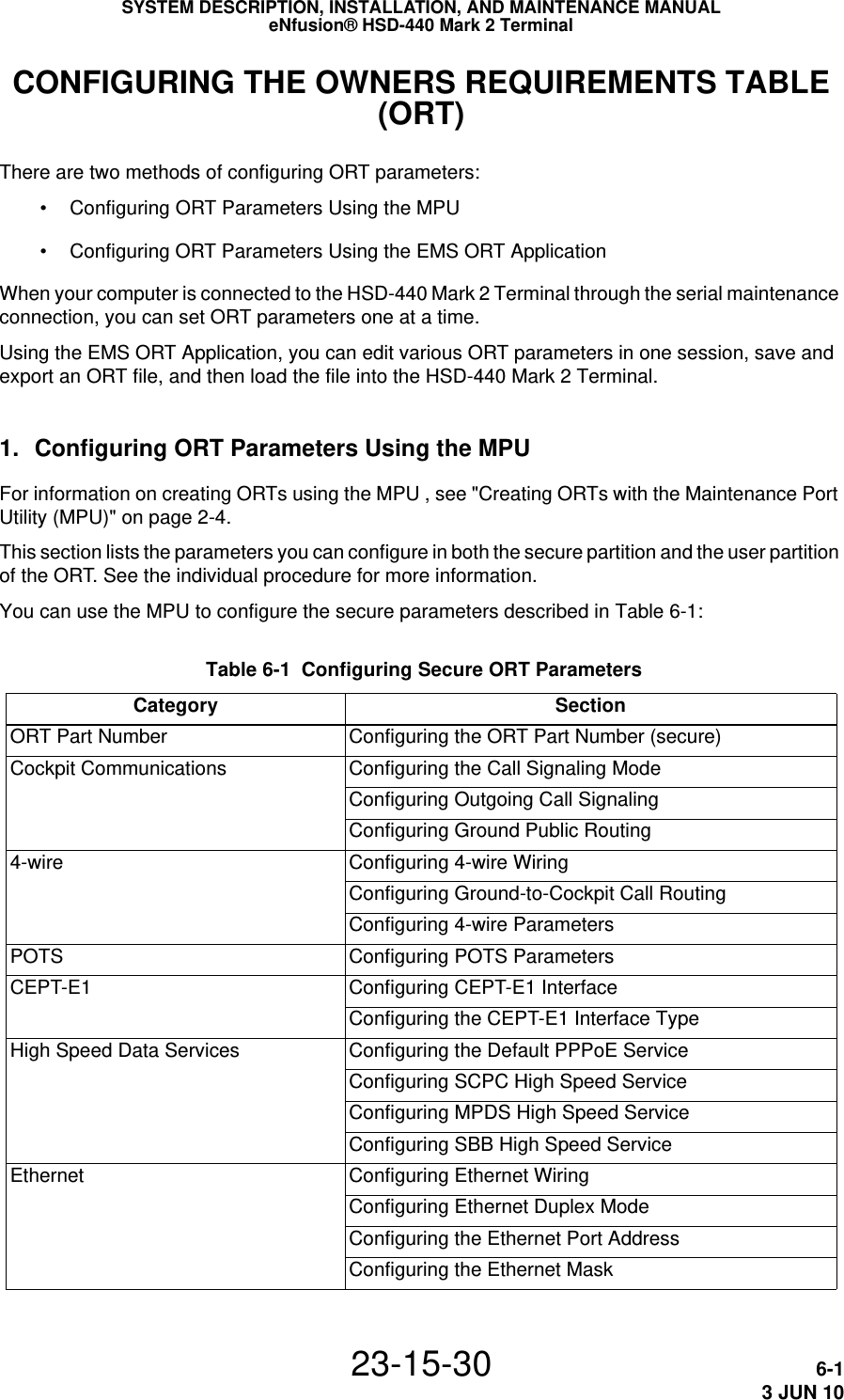 SYSTEM DESCRIPTION, INSTALLATION, AND MAINTENANCE MANUALeNfusion® HSD-440 Mark 2 Terminal23-15-30 6-13 JUN 10CONFIGURING THE OWNERS REQUIREMENTS TABLE (ORT)There are two methods of configuring ORT parameters: • Configuring ORT Parameters Using the MPU • Configuring ORT Parameters Using the EMS ORT ApplicationWhen your computer is connected to the HSD-440 Mark 2 Terminal through the serial maintenance connection, you can set ORT parameters one at a time.Using the EMS ORT Application, you can edit various ORT parameters in one session, save and export an ORT file, and then load the file into the HSD-440 Mark 2 Terminal.1. Configuring ORT Parameters Using the MPUFor information on creating ORTs using the MPU , see &quot;Creating ORTs with the Maintenance Port Utility (MPU)&quot; on page 2-4.This section lists the parameters you can configure in both the secure partition and the user partition of the ORT. See the individual procedure for more information.You can use the MPU to configure the secure parameters described in Table 6-1:  Table 6-1  Configuring Secure ORT Parameters Category SectionORT Part Number Configuring the ORT Part Number (secure)Cockpit Communications Configuring the Call Signaling ModeConfiguring Outgoing Call SignalingConfiguring Ground Public Routing4-wire Configuring 4-wire WiringConfiguring Ground-to-Cockpit Call RoutingConfiguring 4-wire ParametersPOTS Configuring POTS ParametersCEPT-E1 Configuring CEPT-E1 InterfaceConfiguring the CEPT-E1 Interface TypeHigh Speed Data Services Configuring the Default PPPoE ServiceConfiguring SCPC High Speed ServiceConfiguring MPDS High Speed ServiceConfiguring SBB High Speed ServiceEthernet Configuring Ethernet WiringConfiguring Ethernet Duplex ModeConfiguring the Ethernet Port AddressConfiguring the Ethernet Mask