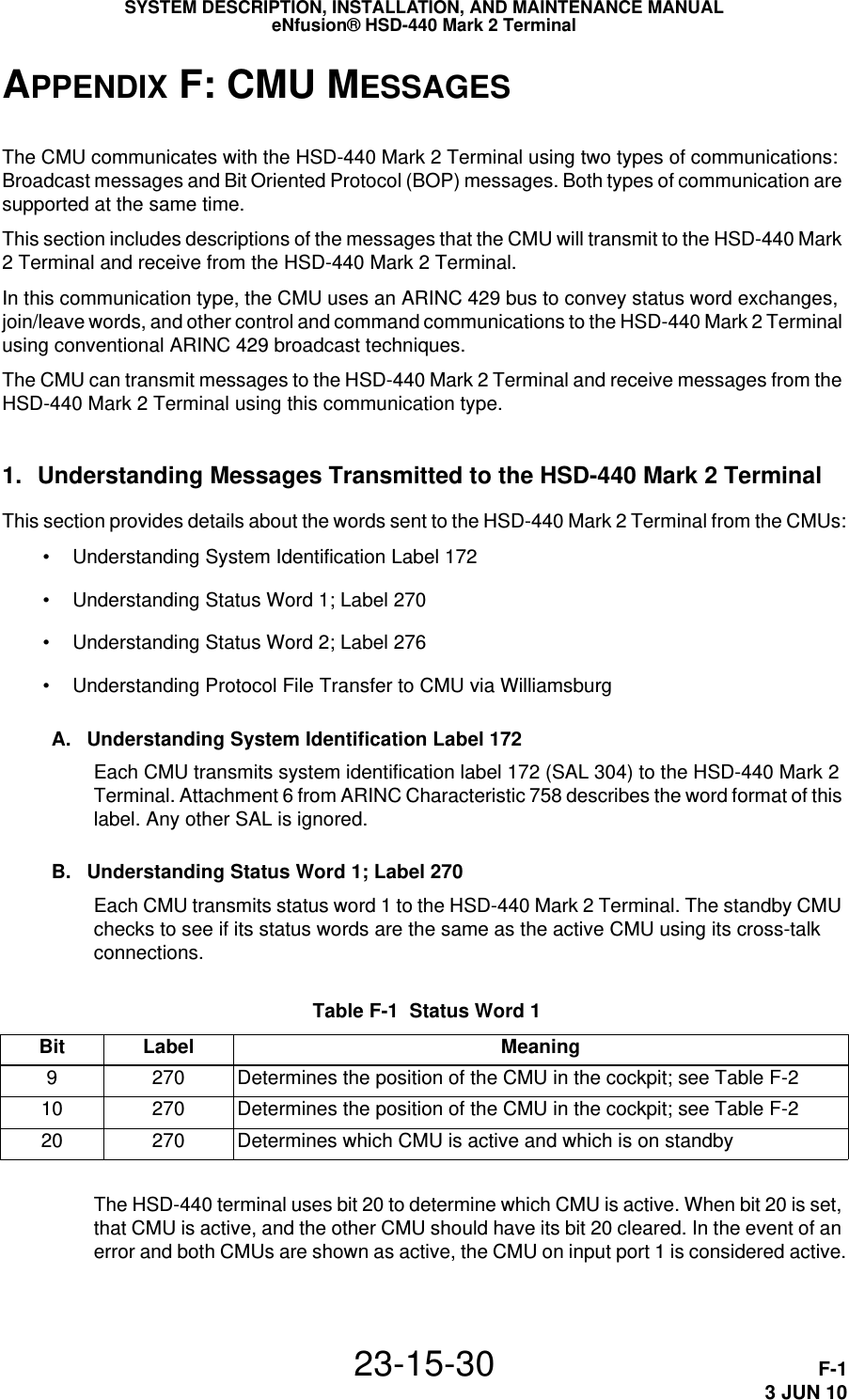 SYSTEM DESCRIPTION, INSTALLATION, AND MAINTENANCE MANUALeNfusion® HSD-440 Mark 2 Terminal23-15-30 F-13 JUN 10APPENDIX F: CMU MESSAGESThe CMU communicates with the HSD-440 Mark 2 Terminal using two types of communications: Broadcast messages and Bit Oriented Protocol (BOP) messages. Both types of communication are supported at the same time.This section includes descriptions of the messages that the CMU will transmit to the HSD-440 Mark 2 Terminal and receive from the HSD-440 Mark 2 Terminal.In this communication type, the CMU uses an ARINC 429 bus to convey status word exchanges, join/leave words, and other control and command communications to the HSD-440 Mark 2 Terminal using conventional ARINC 429 broadcast techniques.The CMU can transmit messages to the HSD-440 Mark 2 Terminal and receive messages from the HSD-440 Mark 2 Terminal using this communication type.1. Understanding Messages Transmitted to the HSD-440 Mark 2 TerminalThis section provides details about the words sent to the HSD-440 Mark 2 Terminal from the CMUs: • Understanding System Identification Label 172 • Understanding Status Word 1; Label 270 • Understanding Status Word 2; Label 276 • Understanding Protocol File Transfer to CMU via WilliamsburgA. Understanding System Identification Label 172Each CMU transmits system identification label 172 (SAL 304) to the HSD-440 Mark 2 Terminal. Attachment 6 from ARINC Characteristic 758 describes the word format of this label. Any other SAL is ignored.B. Understanding Status Word 1; Label 270Each CMU transmits status word 1 to the HSD-440 Mark 2 Terminal. The standby CMU checks to see if its status words are the same as the active CMU using its cross-talk connections.The HSD-440 terminal uses bit 20 to determine which CMU is active. When bit 20 is set, that CMU is active, and the other CMU should have its bit 20 cleared. In the event of an error and both CMUs are shown as active, the CMU on input port 1 is considered active. Table F-1  Status Word 1 Bit Label Meaning9270 Determines the position of the CMU in the cockpit; see Table F-210 270 Determines the position of the CMU in the cockpit; see Table F-220 270 Determines which CMU is active and which is on standby