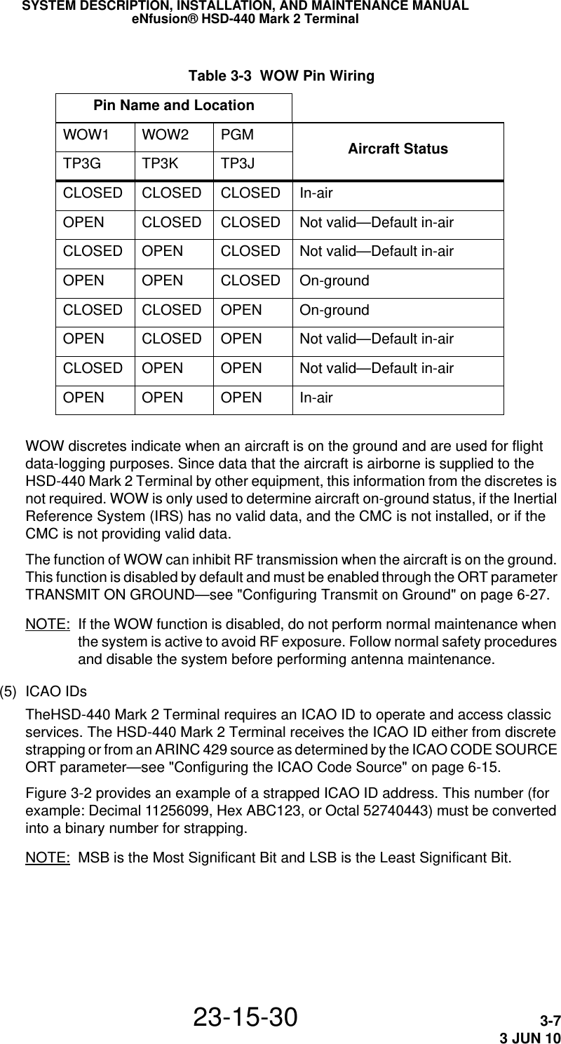  Table 3-3  WOW Pin Wiring Pin Name and LocationWOW1 WOW2 PGM Aircraft StatusTP3G TP3K TP3JCLOSED CLOSED CLOSED In-airOPEN CLOSED CLOSED Not valid—Default in-airCLOSED OPEN CLOSED Not valid—Default in-airOPEN OPEN CLOSED On-groundCLOSED CLOSED OPEN On-groundOPEN CLOSED OPEN Not valid—Default in-airCLOSED OPEN OPEN Not valid—Default in-airOPEN OPEN OPEN In-airSYSTEM DESCRIPTION, INSTALLATION, AND MAINTENANCE MANUALeNfusion® HSD-440 Mark 2 Terminal23-15-30 3-73 JUN 10WOW discretes indicate when an aircraft is on the ground and are used for flight data-logging purposes. Since data that the aircraft is airborne is supplied to the HSD-440 Mark 2 Terminal by other equipment, this information from the discretes is not required. WOW is only used to determine aircraft on-ground status, if the Inertial Reference System (IRS) has no valid data, and the CMC is not installed, or if the CMC is not providing valid data.The function of WOW can inhibit RF transmission when the aircraft is on the ground. This function is disabled by default and must be enabled through the ORT parameter TRANSMIT ON GROUND—see &quot;Configuring Transmit on Ground&quot; on page 6-27.NOTE: If the WOW function is disabled, do not perform normal maintenance when the system is active to avoid RF exposure. Follow normal safety procedures and disable the system before performing antenna maintenance.(5) ICAO IDsTheHSD-440 Mark 2 Terminal requires an ICAO ID to operate and access classic services. The HSD-440 Mark 2 Terminal receives the ICAO ID either from discrete strapping or from an ARINC 429 source as determined by the ICAO CODE SOURCE ORT parameter—see &quot;Configuring the ICAO Code Source&quot; on page 6-15.Figure 3-2 provides an example of a strapped ICAO ID address. This number (for example: Decimal 11256099, Hex ABC123, or Octal 52740443) must be converted into a binary number for strapping.NOTE: MSB is the Most Significant Bit and LSB is the Least Significant Bit.