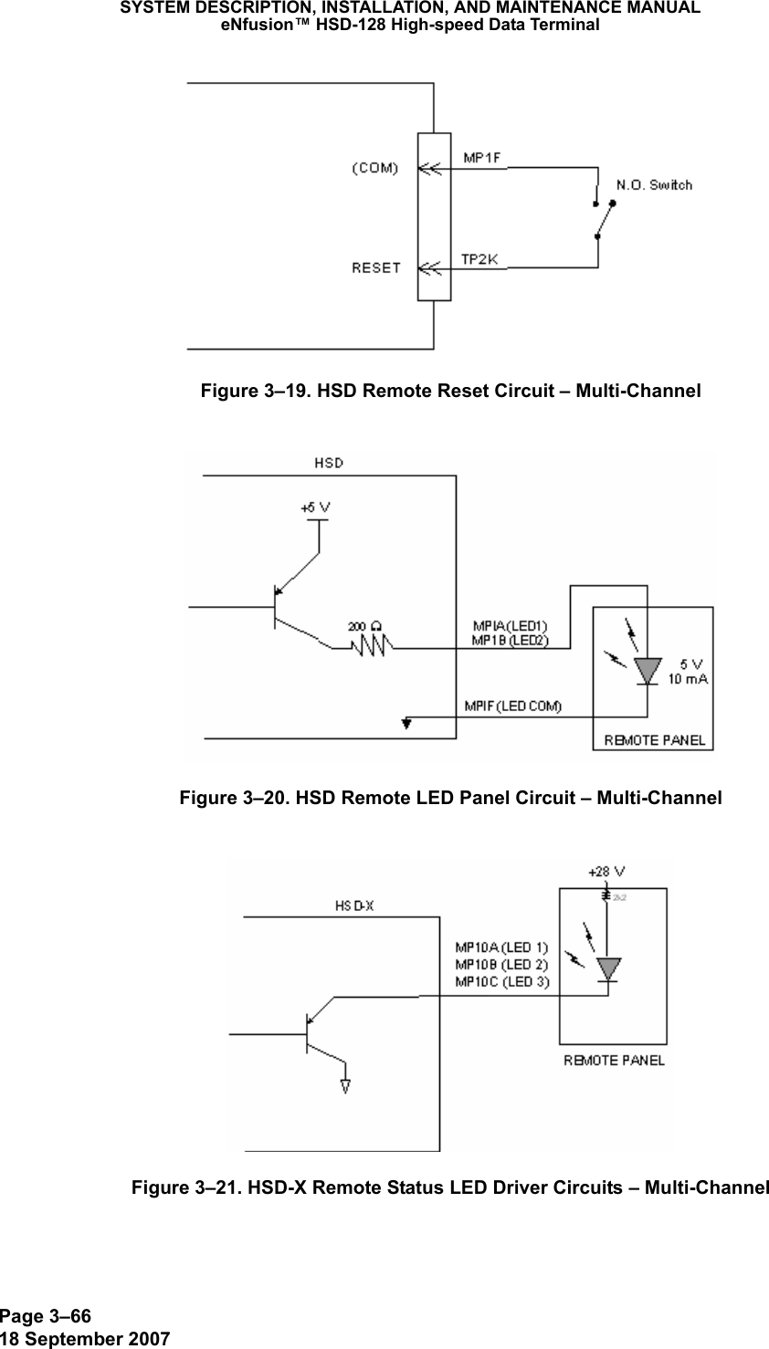 Page 3–6618 September 2007SYSTEM DESCRIPTION, INSTALLATION, AND MAINTENANCE MANUALeNfusion™ HSD-128 High-speed Data TerminalFigure 3–19. HSD Remote Reset Circuit – Multi-ChannelFigure 3–20. HSD Remote LED Panel Circuit – Multi-ChannelFigure 3–21. HSD-X Remote Status LED Driver Circuits – Multi-Channel