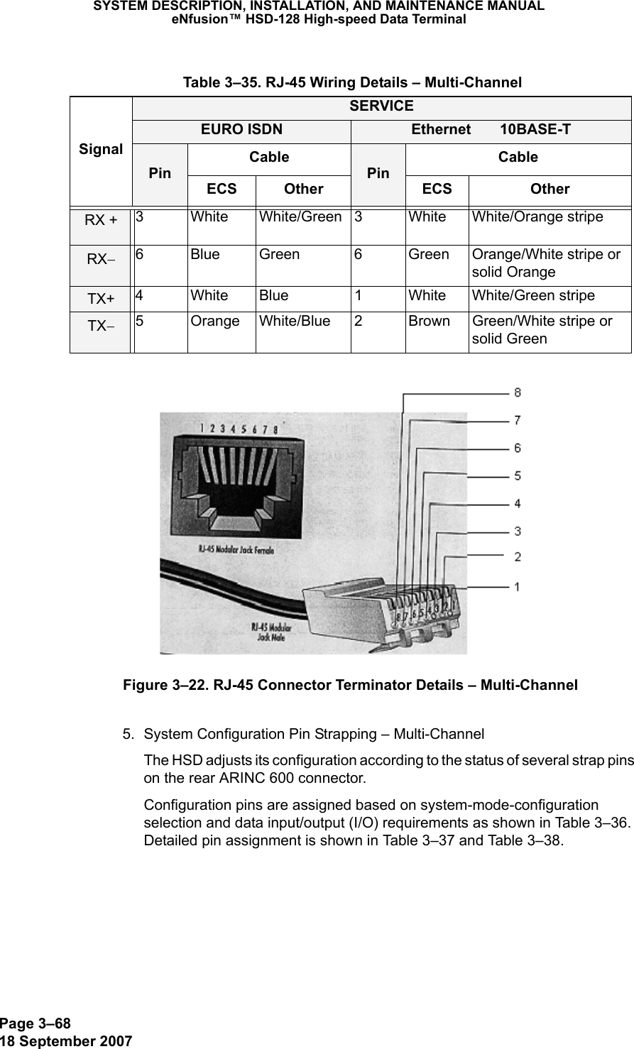 Page 3–6818 September 2007SYSTEM DESCRIPTION, INSTALLATION, AND MAINTENANCE MANUALeNfusion™ HSD-128 High-speed Data TerminalFigure 3–22. RJ-45 Connector Terminator Details – Multi-Channel5. System Configuration Pin Strapping – Multi-ChannelThe HSD adjusts its configuration according to the status of several strap pins on the rear ARINC 600 connector.Configuration pins are assigned based on system-mode-configuration selection and data input/output (I/O) requirements as shown in Table 3–36. Detailed pin assignment is shown in Table 3–37 and Table 3–38. Table 3–35. RJ-45 Wiring Details – Multi-ChannelSignalSERVICEEURO ISDN Ethernet       10BASE-TPinCablePinCableECS Other ECS OtherRX + 3 White White/Green 3 White White/Orange stripeRX−6 Blue Green 6 Green Orange/White stripe or solid OrangeTX+ 4 White Blue 1 White White/Green stripeTX−5 Orange White/Blue 2 Brown Green/White stripe or solid Green