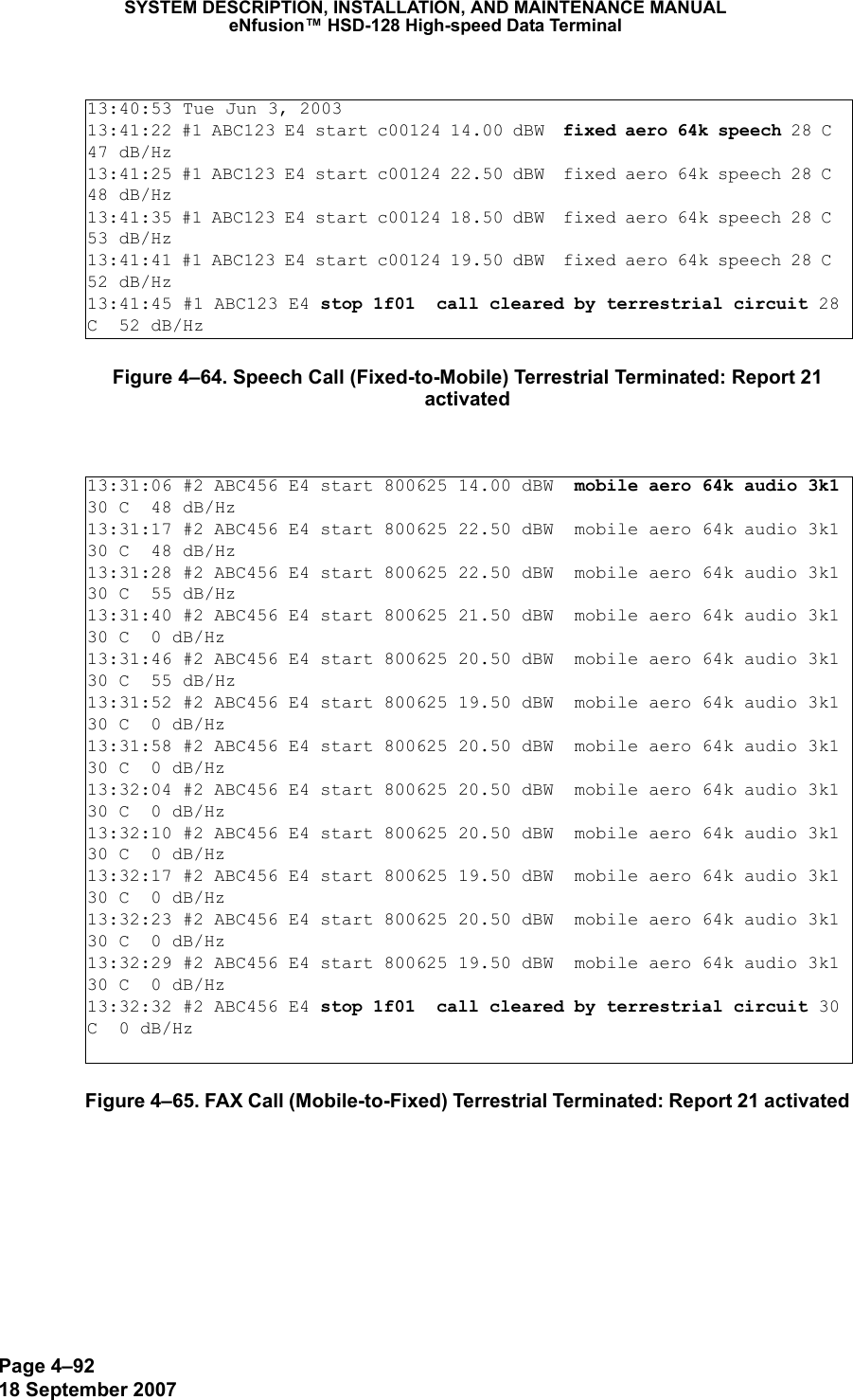 Page 4–9218 September 2007SYSTEM DESCRIPTION, INSTALLATION, AND MAINTENANCE MANUALeNfusion™ HSD-128 High-speed Data TerminalFigure 4–64. Speech Call (Fixed-to-Mobile) Terrestrial Terminated: Report 21 activatedFigure 4–65. FAX Call (Mobile-to-Fixed) Terrestrial Terminated: Report 21 activated13:40:53 Tue Jun 3, 200313:41:22 #1 ABC123 E4 start c00124 14.00 dBW  fixed aero 64k speech 28 C  47 dB/Hz13:41:25 #1 ABC123 E4 start c00124 22.50 dBW  fixed aero 64k speech 28 C  48 dB/Hz13:41:35 #1 ABC123 E4 start c00124 18.50 dBW  fixed aero 64k speech 28 C  53 dB/Hz13:41:41 #1 ABC123 E4 start c00124 19.50 dBW  fixed aero 64k speech 28 C  52 dB/Hz13:41:45 #1 ABC123 E4 stop 1f01  call cleared by terrestrial circuit 28 C  52 dB/Hz13:31:06 #2 ABC456 E4 start 800625 14.00 dBW  mobile aero 64k audio 3k1 30 C  48 dB/Hz13:31:17 #2 ABC456 E4 start 800625 22.50 dBW  mobile aero 64k audio 3k1 30 C  48 dB/Hz13:31:28 #2 ABC456 E4 start 800625 22.50 dBW  mobile aero 64k audio 3k1 30 C  55 dB/Hz13:31:40 #2 ABC456 E4 start 800625 21.50 dBW  mobile aero 64k audio 3k1 30 C  0 dB/Hz13:31:46 #2 ABC456 E4 start 800625 20.50 dBW  mobile aero 64k audio 3k1 30 C  55 dB/Hz13:31:52 #2 ABC456 E4 start 800625 19.50 dBW  mobile aero 64k audio 3k1 30 C  0 dB/Hz13:31:58 #2 ABC456 E4 start 800625 20.50 dBW  mobile aero 64k audio 3k1 30 C  0 dB/Hz13:32:04 #2 ABC456 E4 start 800625 20.50 dBW  mobile aero 64k audio 3k1 30 C  0 dB/Hz13:32:10 #2 ABC456 E4 start 800625 20.50 dBW  mobile aero 64k audio 3k1 30 C  0 dB/Hz13:32:17 #2 ABC456 E4 start 800625 19.50 dBW  mobile aero 64k audio 3k1 30 C  0 dB/Hz13:32:23 #2 ABC456 E4 start 800625 20.50 dBW  mobile aero 64k audio 3k1 30 C  0 dB/Hz13:32:29 #2 ABC456 E4 start 800625 19.50 dBW  mobile aero 64k audio 3k1 30 C  0 dB/Hz13:32:32 #2 ABC456 E4 stop 1f01  call cleared by terrestrial circuit 30 C  0 dB/Hz