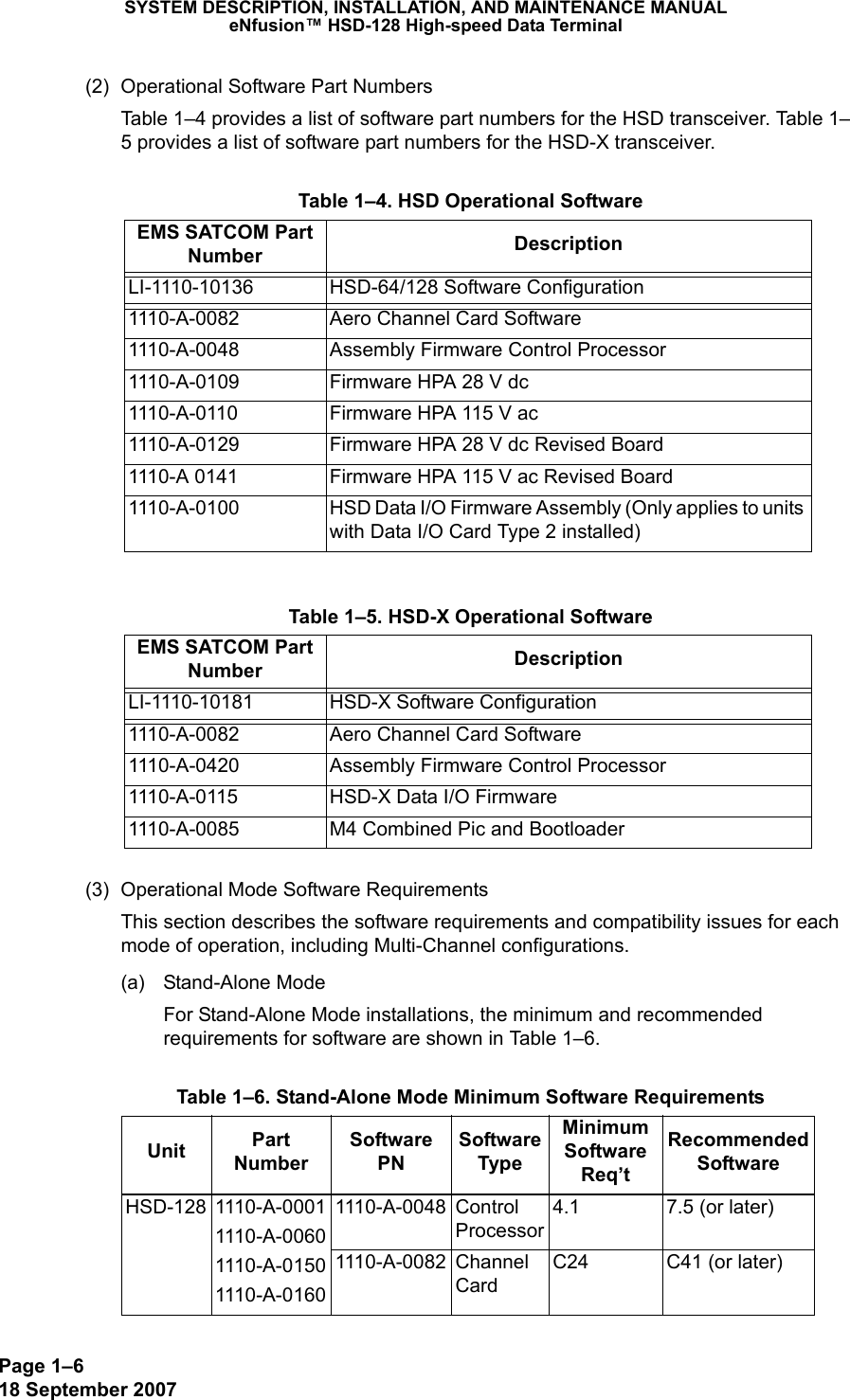 Page 1–618 September 2007SYSTEM DESCRIPTION, INSTALLATION, AND MAINTENANCE MANUALeNfusion™ HSD-128 High-speed Data Terminal(2) Operational Software Part NumbersTable 1–4 provides a list of software part numbers for the HSD transceiver. Table 1–5 provides a list of software part numbers for the HSD-X transceiver. (3) Operational Mode Software RequirementsThis section describes the software requirements and compatibility issues for each mode of operation, including Multi-Channel configurations. (a) Stand-Alone Mode For Stand-Alone Mode installations, the minimum and recommended requirements for software are shown in Table 1–6. Table 1–4. HSD Operational SoftwareEMS SATCOM Part Number DescriptionLI-1110-10136 HSD-64/128 Software Configuration 1110-A-0082 Aero Channel Card Software1110-A-0048  Assembly Firmware Control Processor1110-A-0109 Firmware HPA 28 V dc1110-A-0110 Firmware HPA 115 V ac1110-A-0129 Firmware HPA 28 V dc Revised Board1110-A 0141 Firmware HPA 115 V ac Revised Board1110-A-0100 HSD Data I/O Firmware Assembly (Only applies to units with Data I/O Card Type 2 installed) Table 1–5. HSD-X Operational SoftwareEMS SATCOM Part Number DescriptionLI-1110-10181 HSD-X Software Configuration 1110-A-0082 Aero Channel Card Software1110-A-0420  Assembly Firmware Control Processor1110-A-0115 HSD-X Data I/O Firmware1110-A-0085 M4 Combined Pic and Bootloader Table 1–6. Stand-Alone Mode Minimum Software RequirementsUnit Part Number Software PNSoftware TypeMinimum Software Req’t Recommended SoftwareHSD-128 1110-A-00011110-A-00601110-A-01501110-A-01601110-A-0048 Control Processor4.1 7.5 (or later)1110-A-0082 Channel CardC24 C41 (or later)