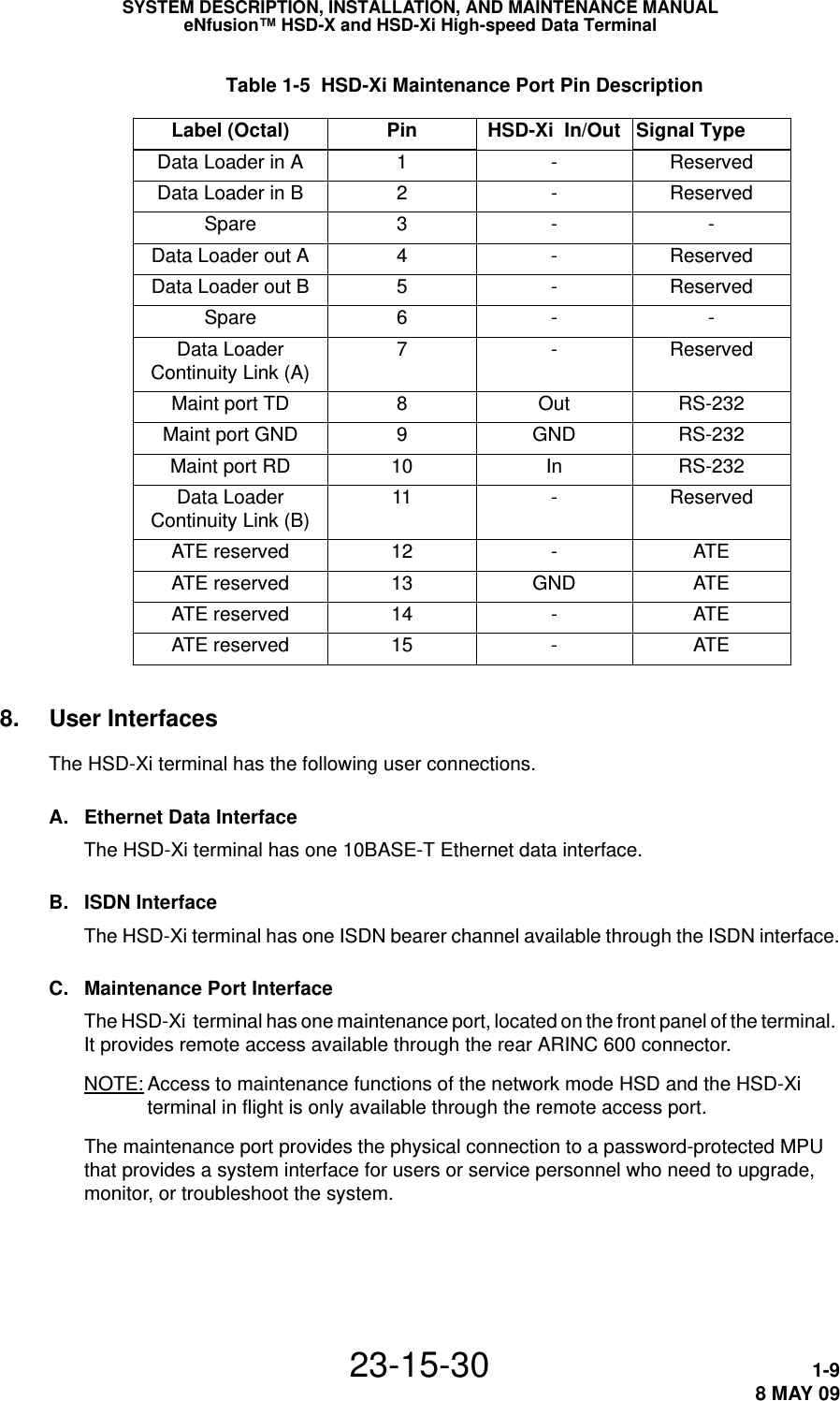 SYSTEM DESCRIPTION, INSTALLATION, AND MAINTENANCE MANUALeNfusion™ HSD-X and HSD-Xi High-speed Data Terminal23-15-30 1-98 MAY 09 Table 1-5  Label (Octal) Pin HSD-Xi  In/Out Signal TypeData Loader in A 1 - ReservedData Loader in B 2 - ReservedSpare 3 - -Data Loader out A 4 - ReservedData Loader out B 5 - ReservedSpare 6 - -Data Loader Continuity Link (A) 7 - ReservedMaint port TD 8Out RS-232Maint port GND 9GND RS-232Maint port RD 10 In RS-232Data Loader Continuity Link (B) 11 -ReservedATE reserved 12 -ATEATE reserved 13 GND ATEATE reserved 14 -ATEATE reserved 15 -ATEHSD-Xi Maintenance Port Pin Description8. User InterfacesThe HSD-Xi terminal has the following user connections.A. Ethernet Data InterfaceThe HSD-Xi terminal has one 10BASE-T Ethernet data interface. B. ISDN InterfaceThe HSD-Xi terminal has one ISDN bearer channel available through the ISDN interface.C. Maintenance Port Interface The HSD-Xi  terminal has one maintenance port, located on the front panel of the terminal. It provides remote access available through the rear ARINC 600 connector.NOTE: Access to maintenance functions of the network mode HSD and the HSD-Xi  terminal in flight is only available through the remote access port.The maintenance port provides the physical connection to a password-protected MPU that provides a system interface for users or service personnel who need to upgrade, monitor, or troubleshoot the system. 