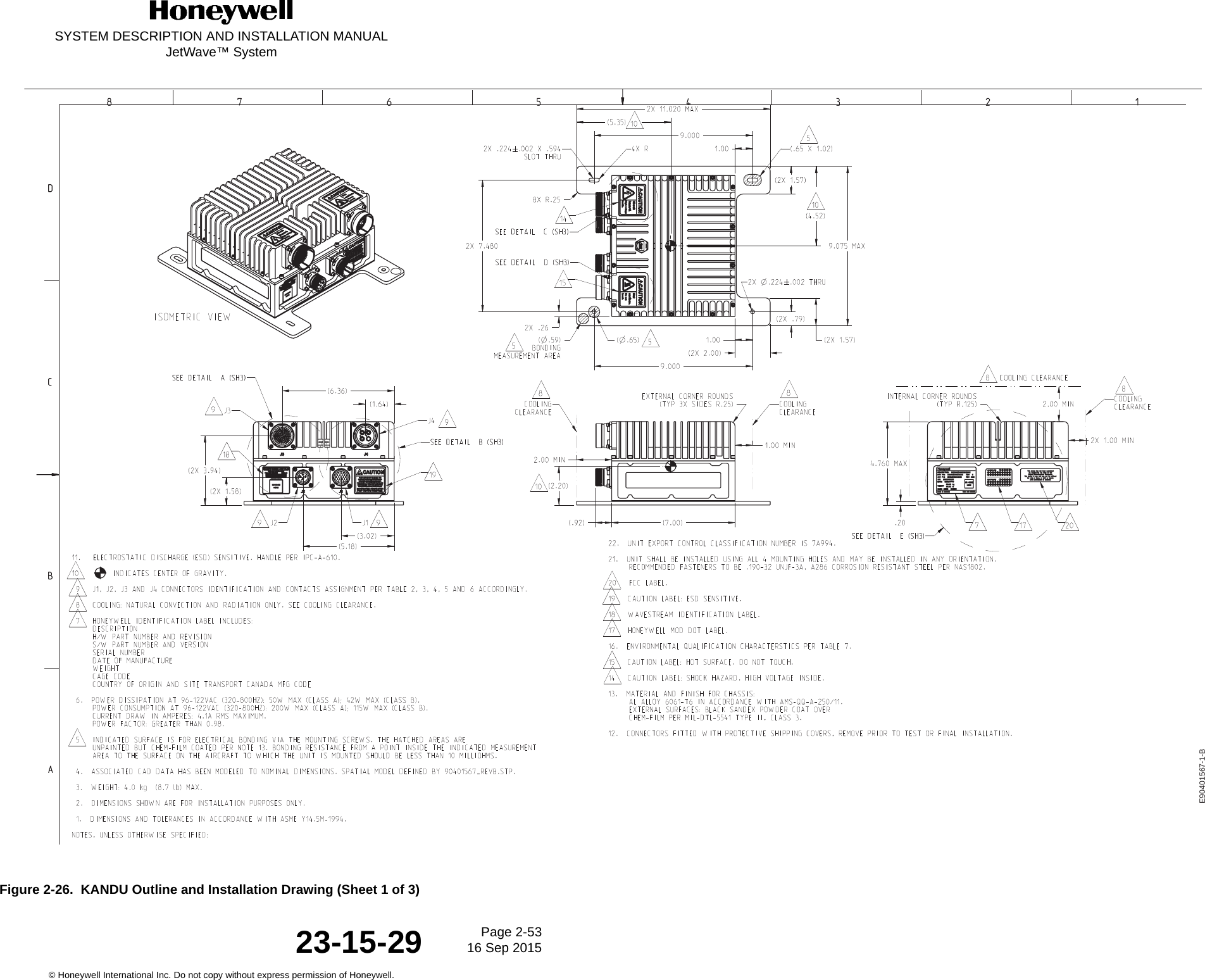 SYSTEM DESCRIPTION AND INSTALLATION MANUALJetWave™ SystemPage 2-53 16 Sep 2015© Honeywell International Inc. Do not copy without express permission of Honeywell.23-15-29Figure 2-26.  KANDU Outline and Installation Drawing (Sheet 1 of 3)E90401567-1-B