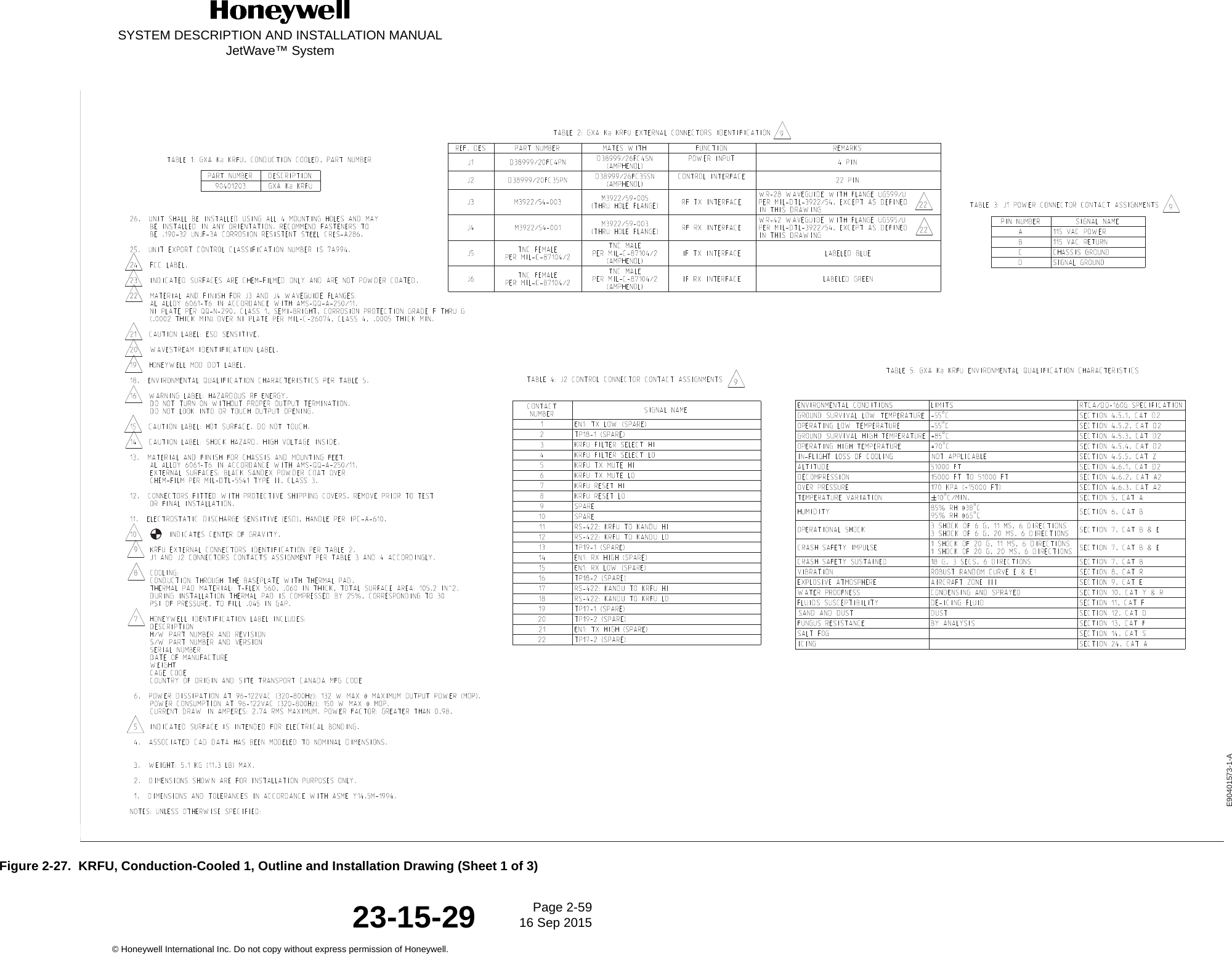 SYSTEM DESCRIPTION AND INSTALLATION MANUALJetWave™ SystemPage 2-59 16 Sep 2015© Honeywell International Inc. Do not copy without express permission of Honeywell.23-15-29Figure 2-27.  KRFU, Conduction-Cooled 1, Outline and Installation Drawing (Sheet 1 of 3)PRODUCTION - Release - 15 Aug 2014 13:44:15 MST - Printed on 26 Aug 2014E90401573-1-A