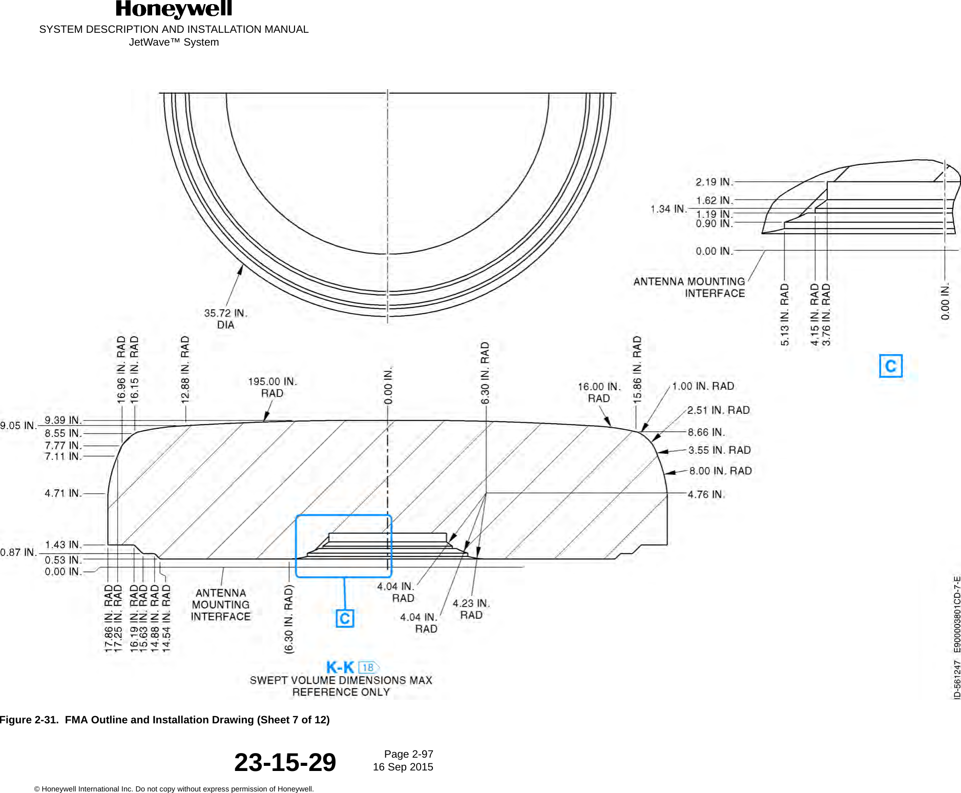 SYSTEM DESCRIPTION AND INSTALLATION MANUALJetWave™ SystemPage 2-97 16 Sep 2015© Honeywell International Inc. Do not copy without express permission of Honeywell.23-15-29Figure 2-31.  FMA Outline and Installation Drawing (Sheet 7 of 12)